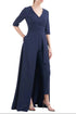 Kay Unger V-Neck 3/4 Sleeve Solid Zipper Back Full-Length Skirt With Walk-Through Front Cutout Crepe Jumpsuit With Pockets