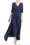 Kay Unger V-Neck 3/4 Sleeve Solid Zipper Back Full-Length Skirt With Walk-Through Front Cutout Crepe Jumpsuit With Pockets