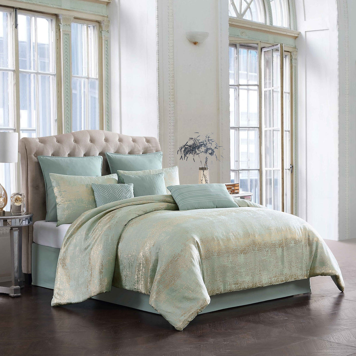 Vesta Gold Satin Circle-Quilted 7-Piece Comforter Set - Gold