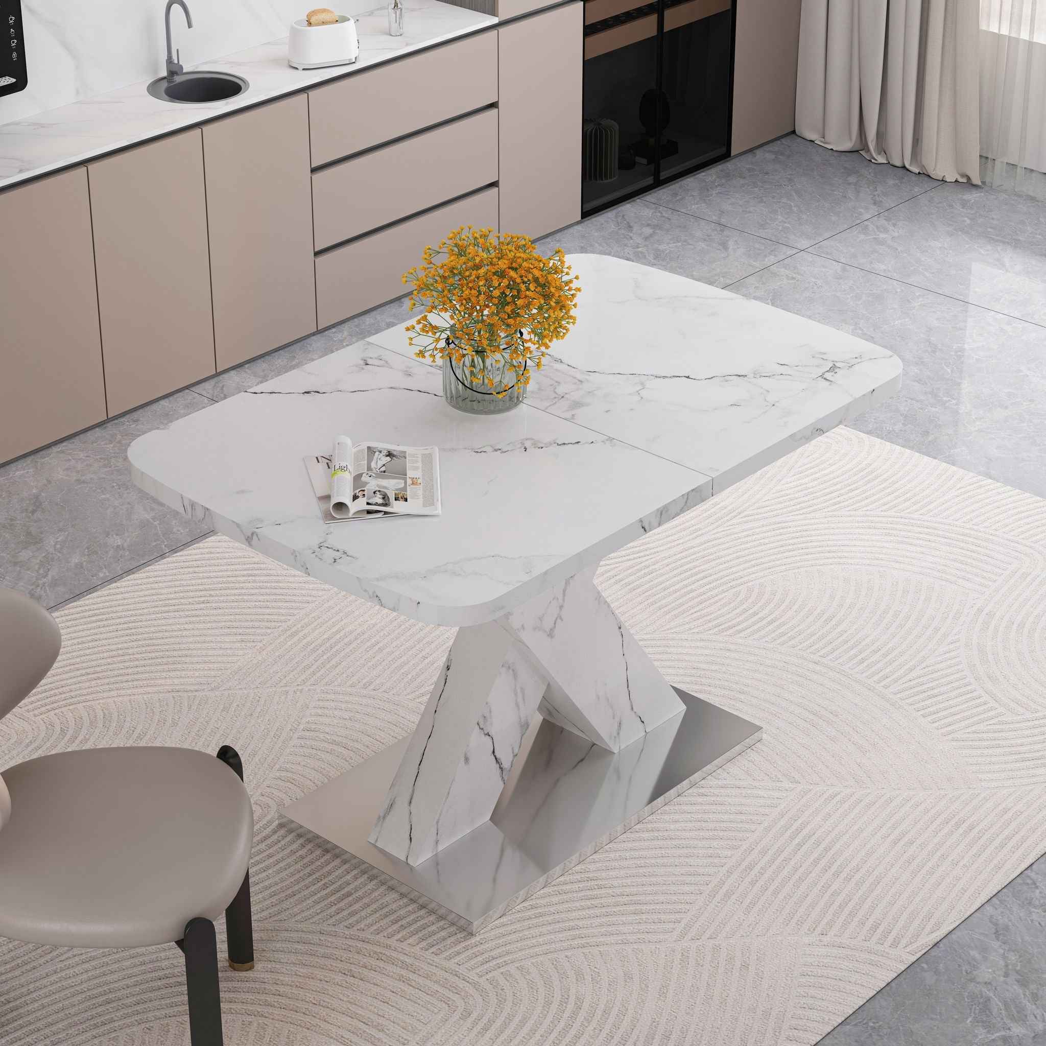Modern Rectangle Dining Table With Stretchable TopAnd X Shape Legs