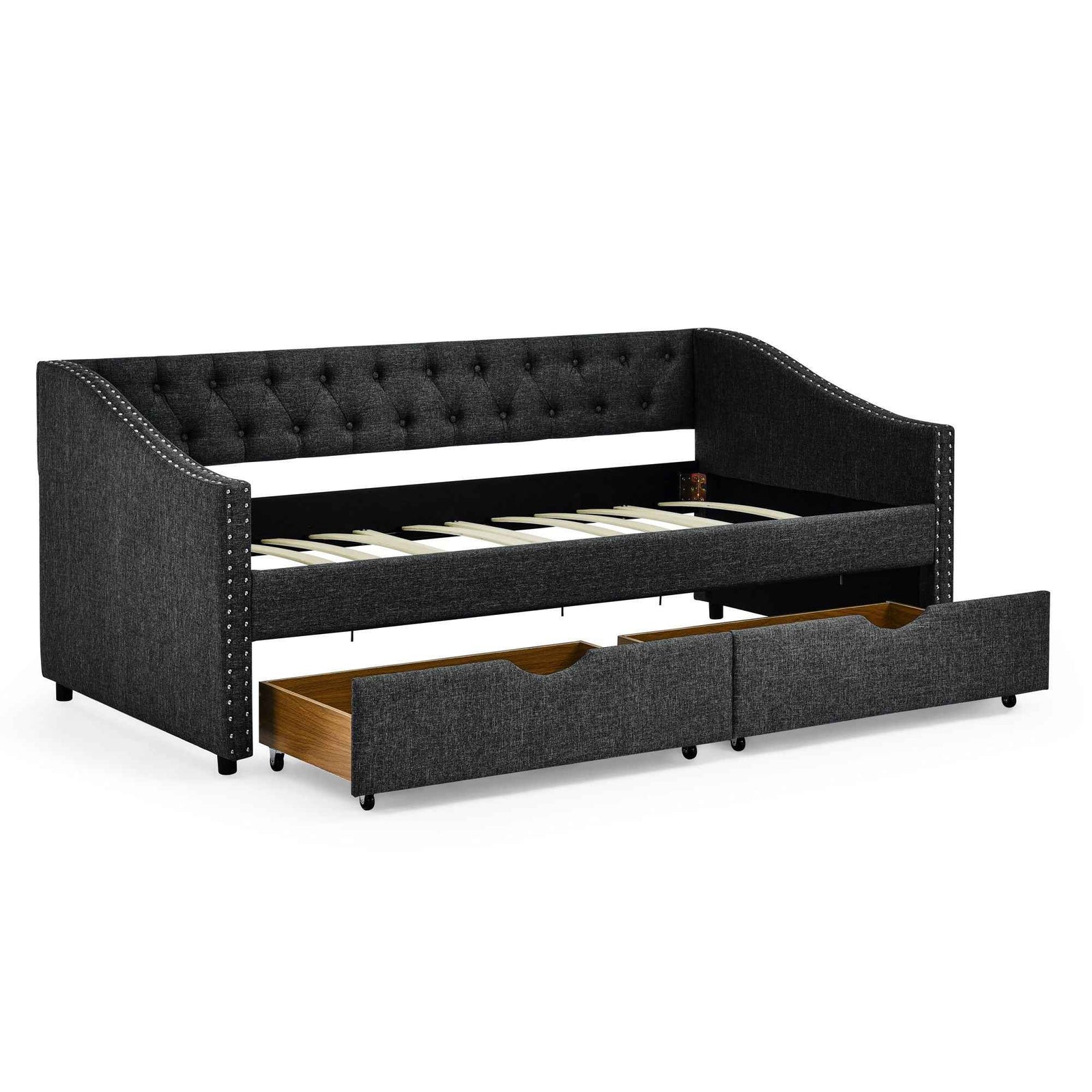 Upholstered Tufted Daybed With 2 Drawers, Waved Arms