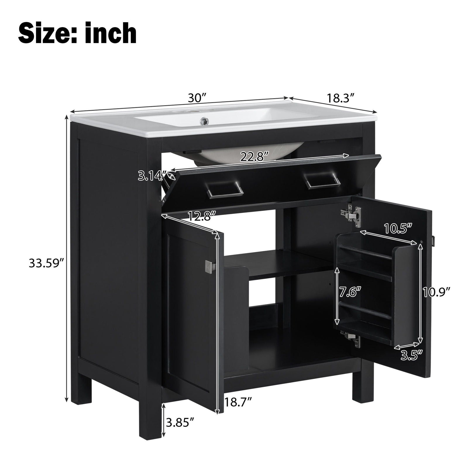 Bathroom Vanity With Ceramic Sink, Modern Single Bathroom Cabinet With 2 Doors And A Shelf, Soft Close Doors