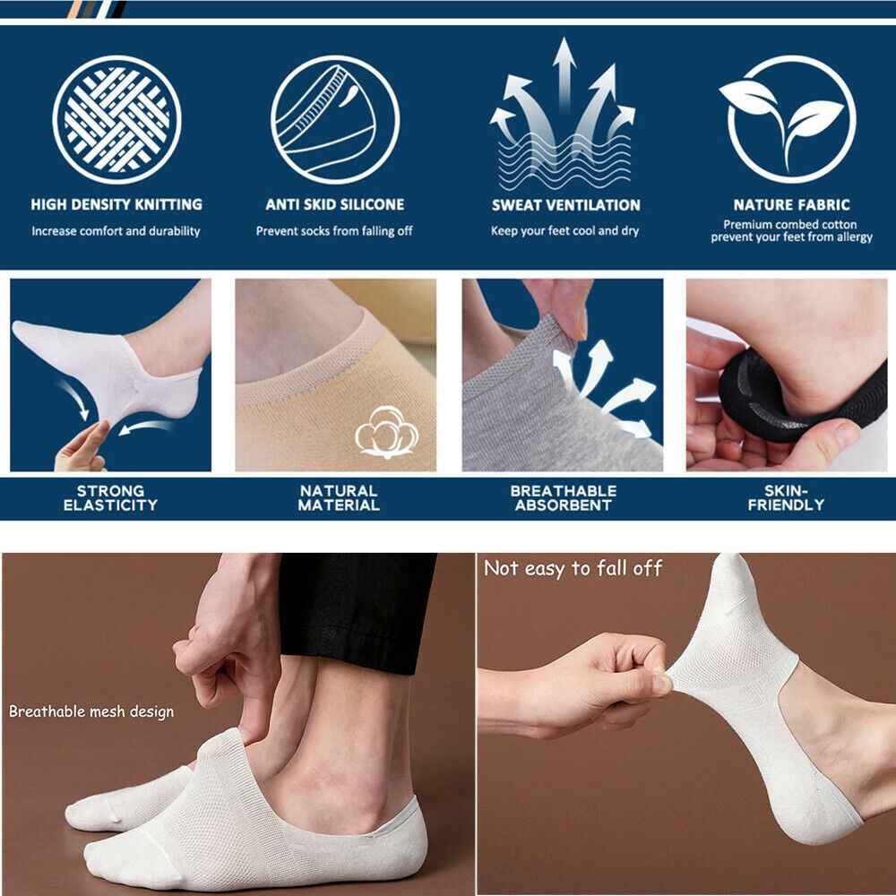 3-12 Pairs Mens No Show Invisible Nonslip Loafer Solid Boat Cotton Low Cut Socks