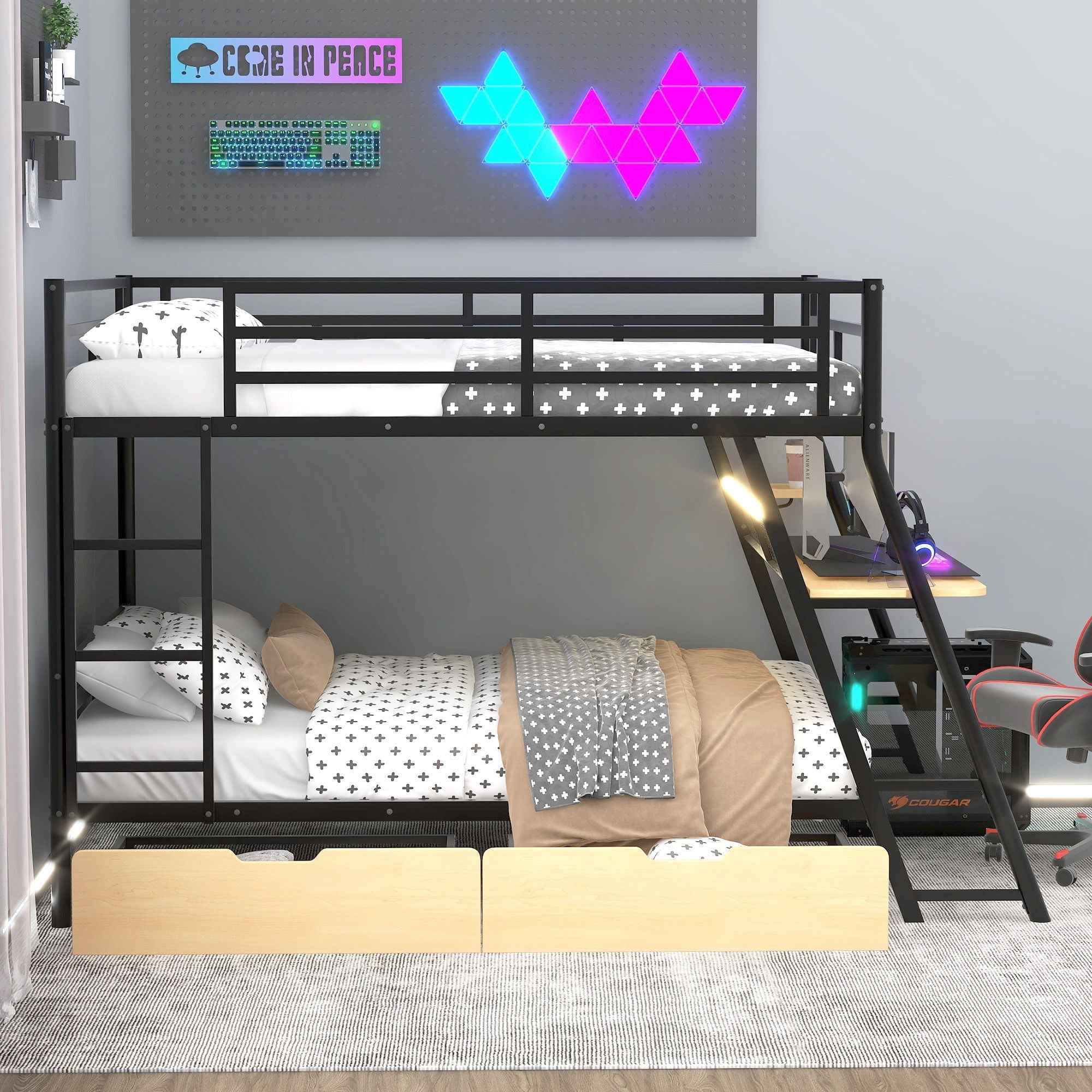 Full Size Bunk Bed With Built In Desk, Light, And 2 Drawers - Black