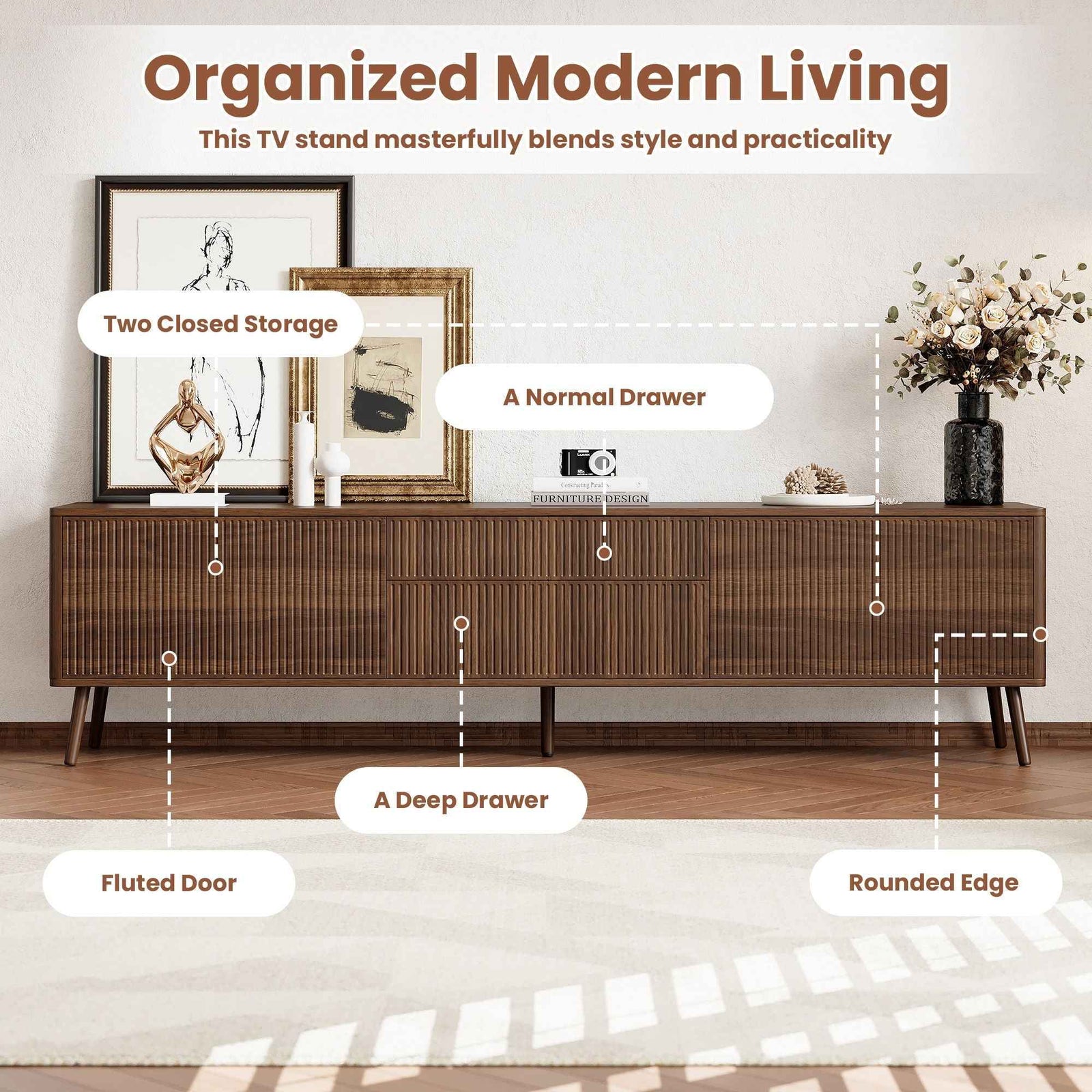 Fluted TV Stand With Storage Drawers And Cabinets For TVs Up To 80