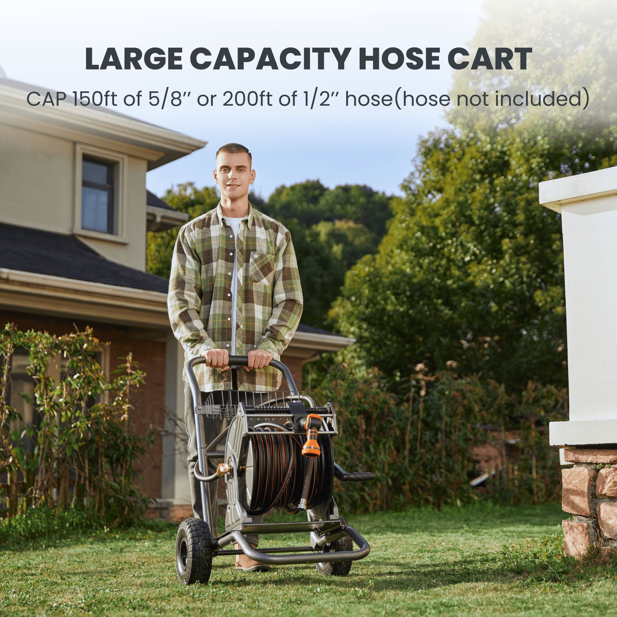 Garden Hose Reel Cart-2 Wheels-Stainless Steel-Heavy Duty