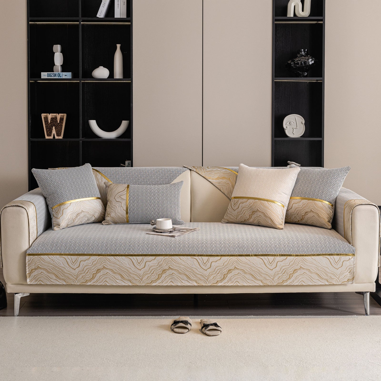 Non-Slip Couch Cover with Gold Trim, Sofa Slipcover for Sectional & Loveseat