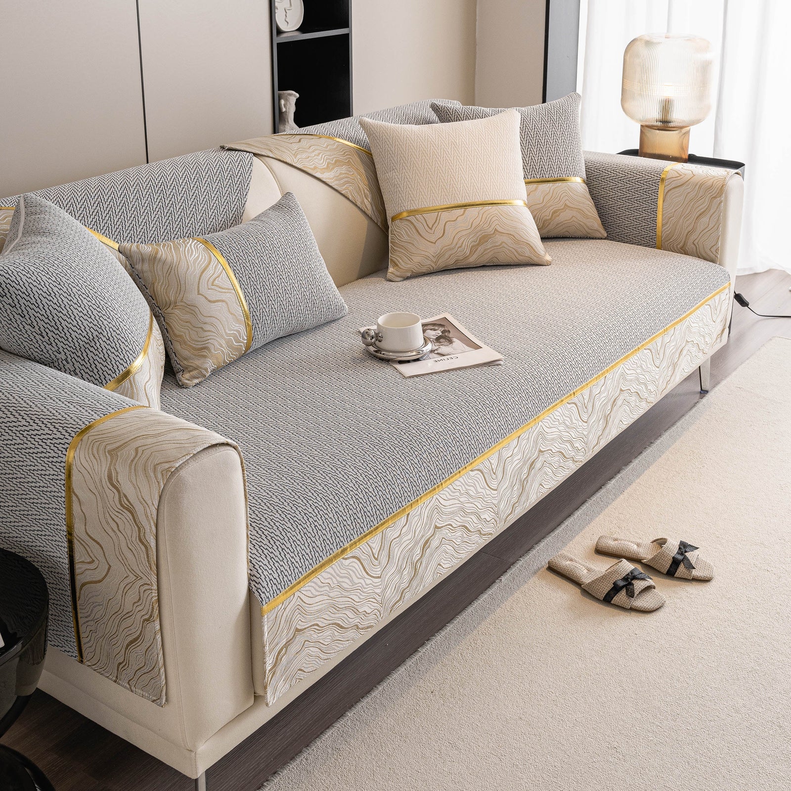 Non-Slip Couch Cover with Gold Trim, Sofa Slipcover for Sectional & Loveseat