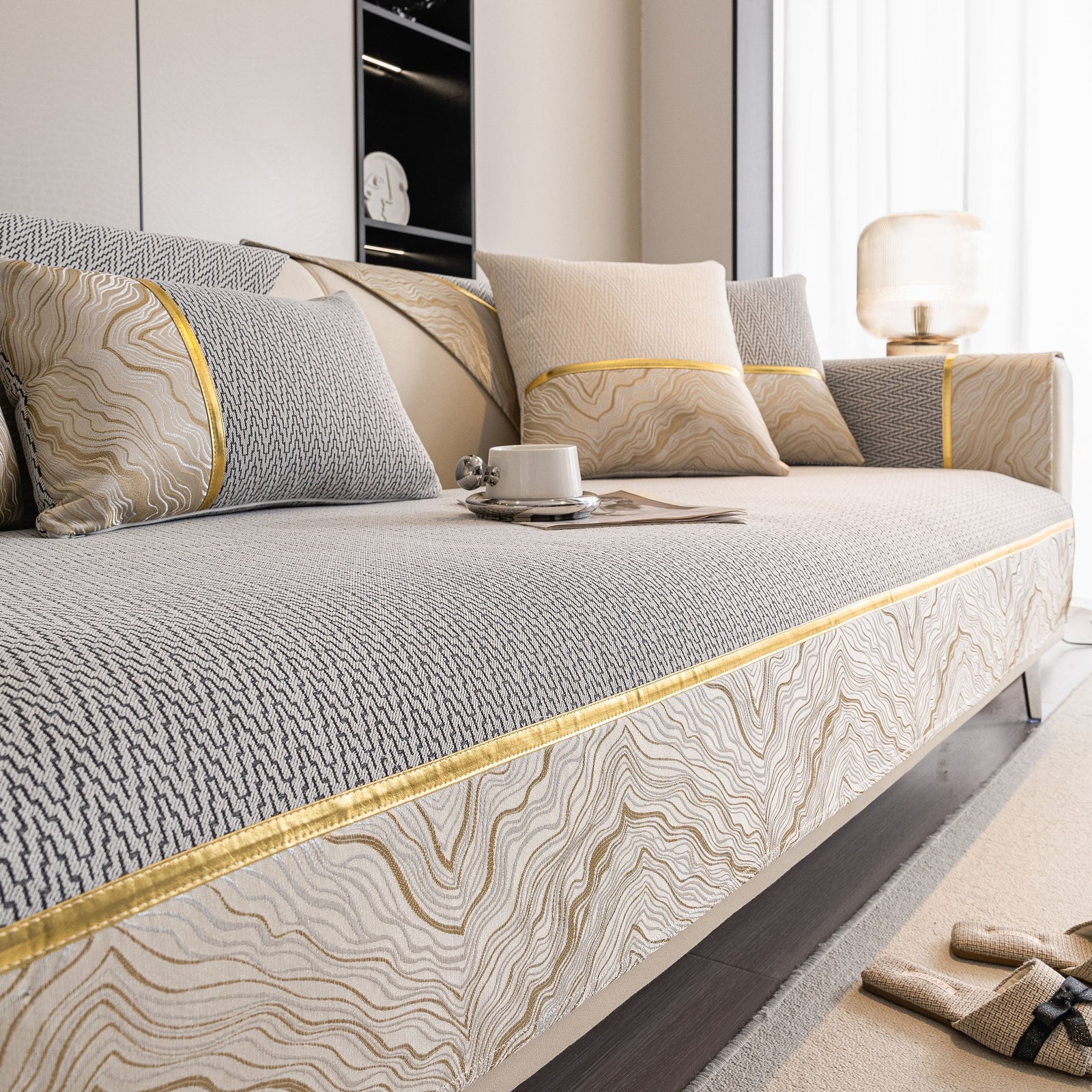 Non-Slip Couch Cover with Gold Trim, Sofa Slipcover for Sectional & Loveseat