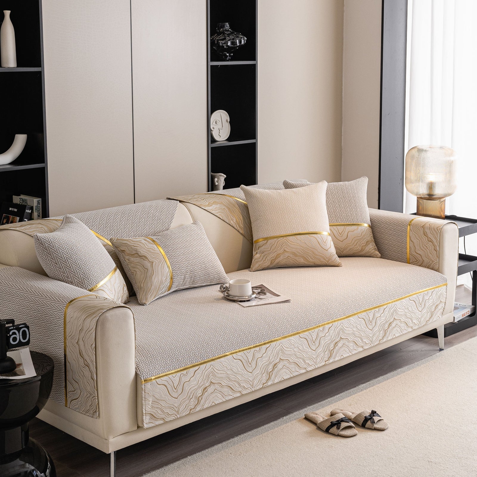 Non-Slip Couch Cover with Gold Trim, Sofa Slipcover for Sectional & Loveseat