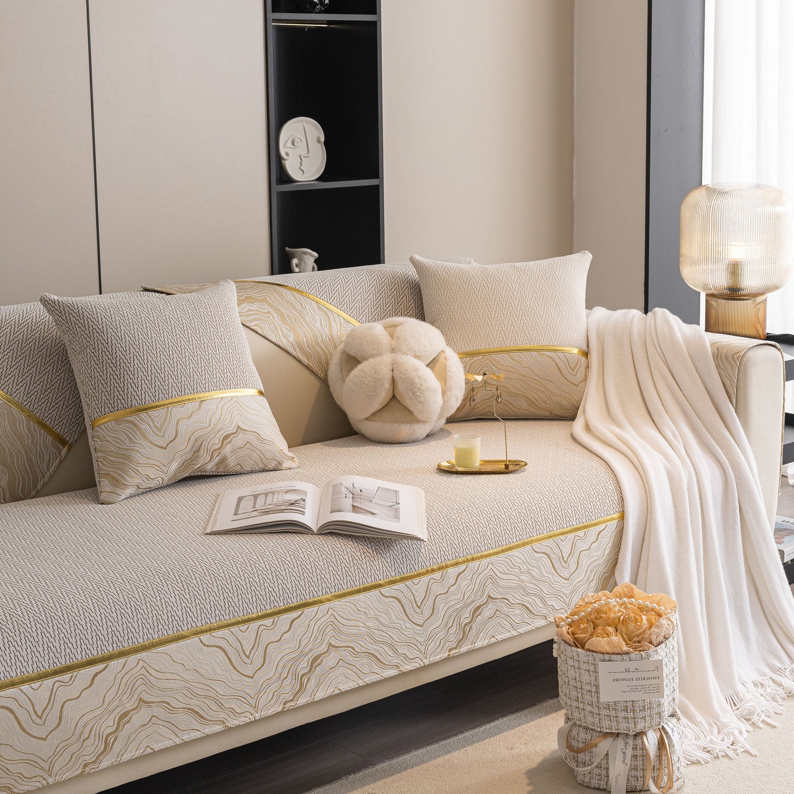 Non-Slip Couch Cover with Gold Trim, Sofa Slipcover for Sectional & Loveseat