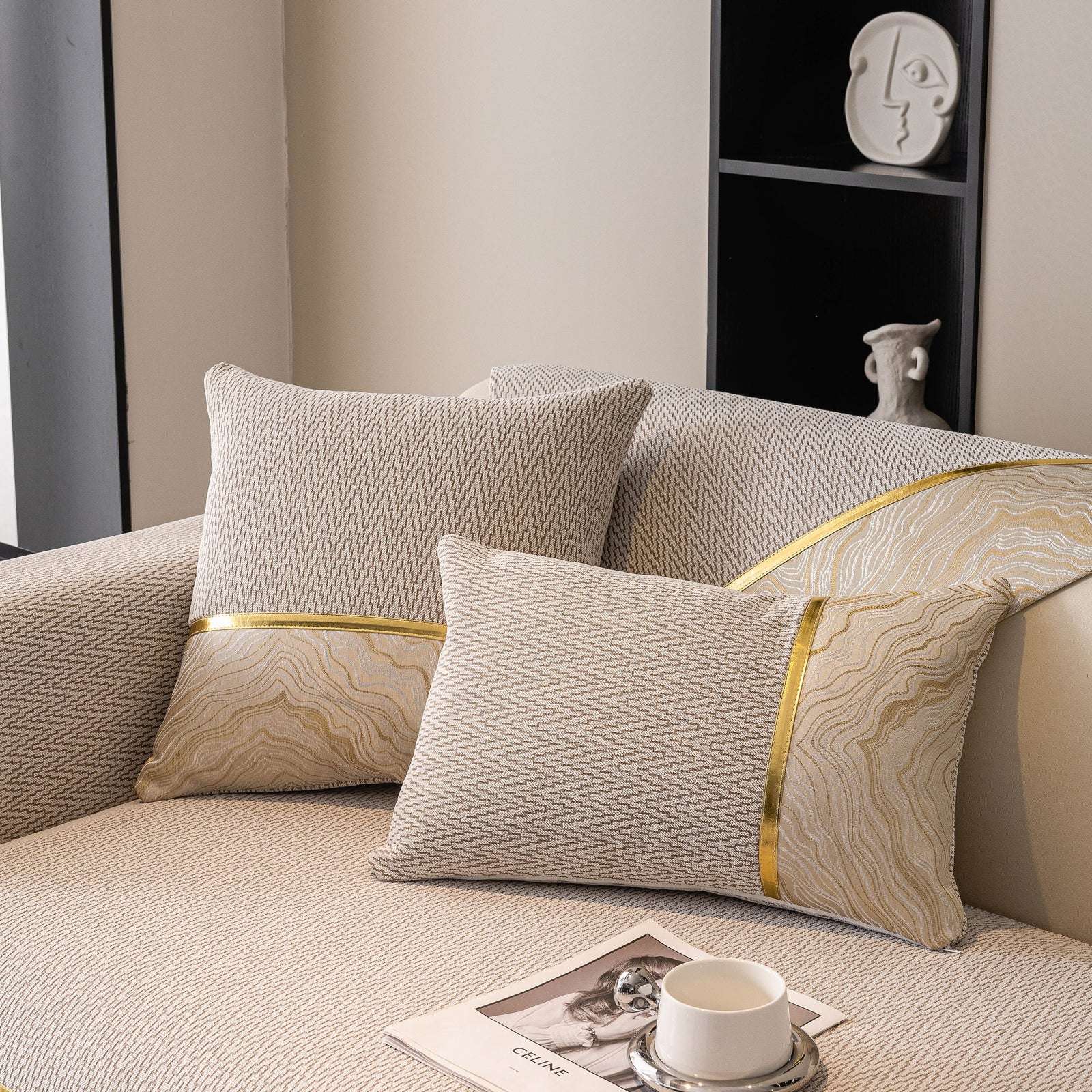 Non-Slip Couch Cover with Gold Trim, Sofa Slipcover for Sectional & Loveseat