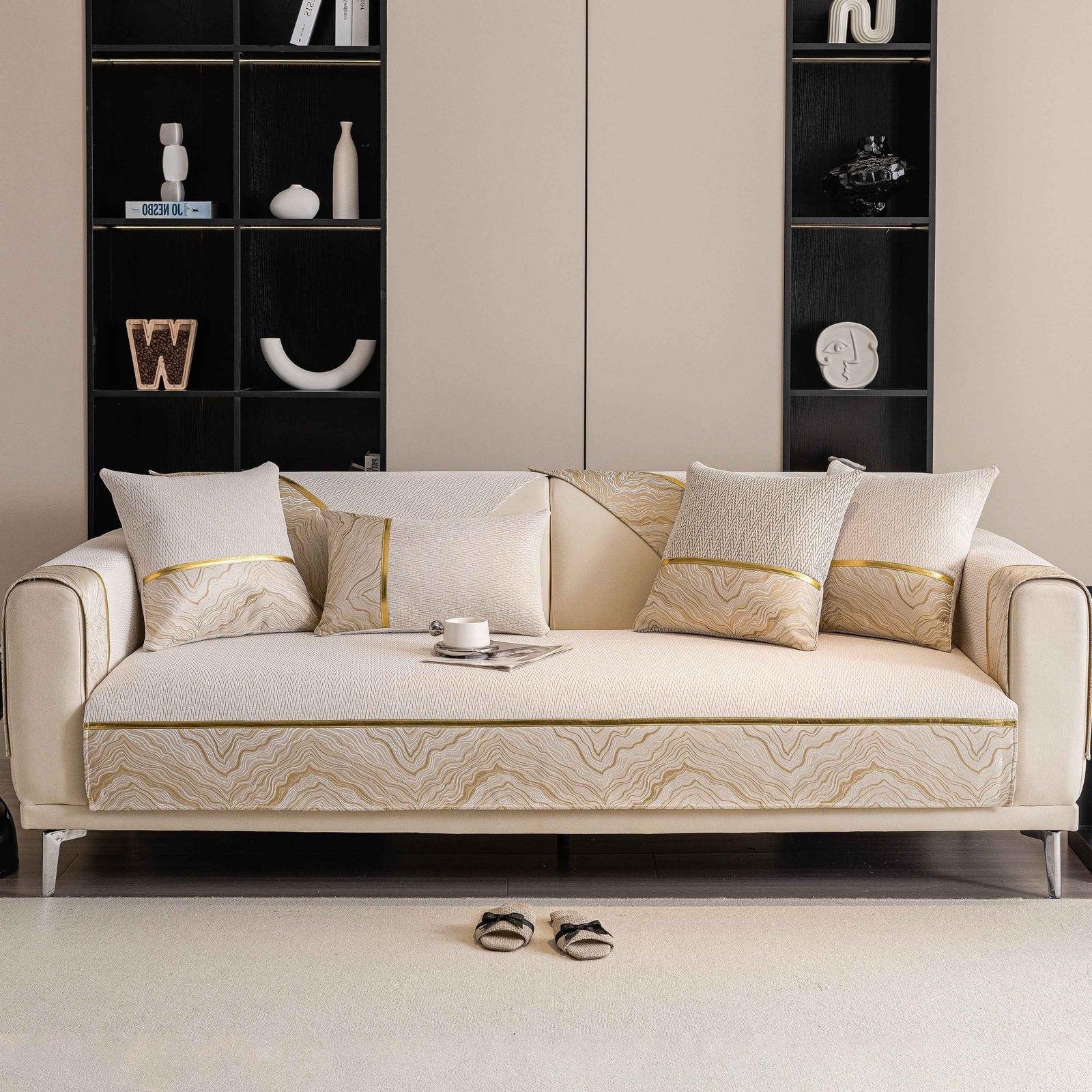 Non-Slip Couch Cover with Gold Trim, Sofa Slipcover for Sectional & Loveseat