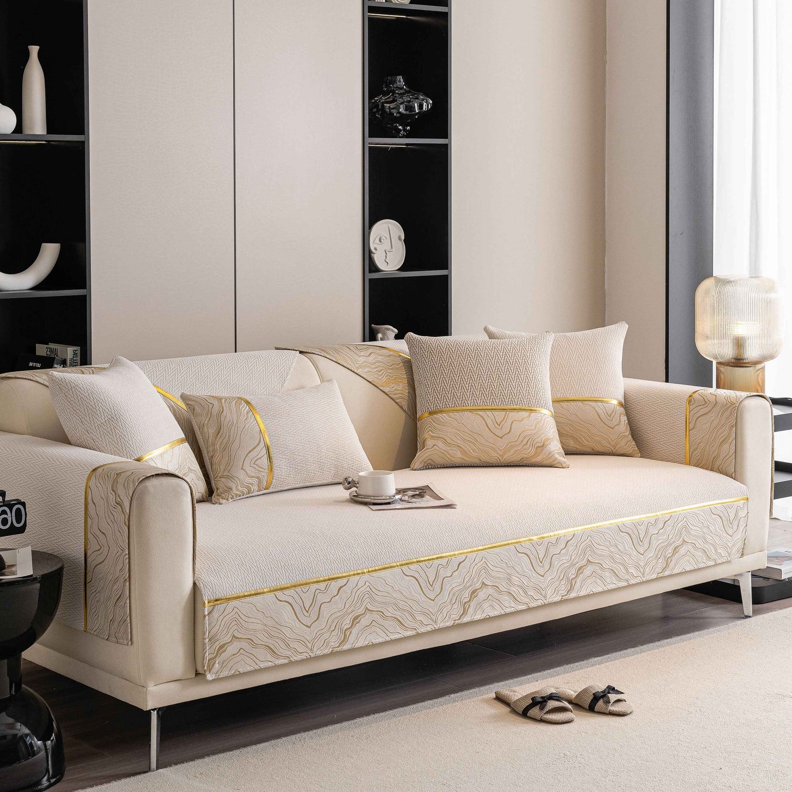 Non-Slip Couch Cover with Gold Trim, Sofa Slipcover for Sectional & Loveseat
