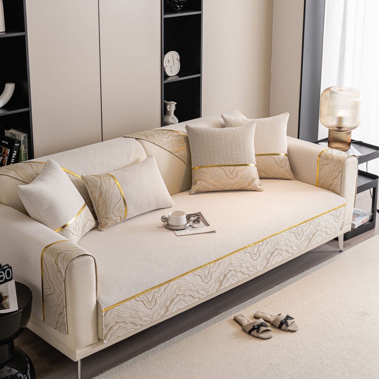 Non-Slip Couch Cover with Gold Trim, Sofa Slipcover for Sectional & Loveseat