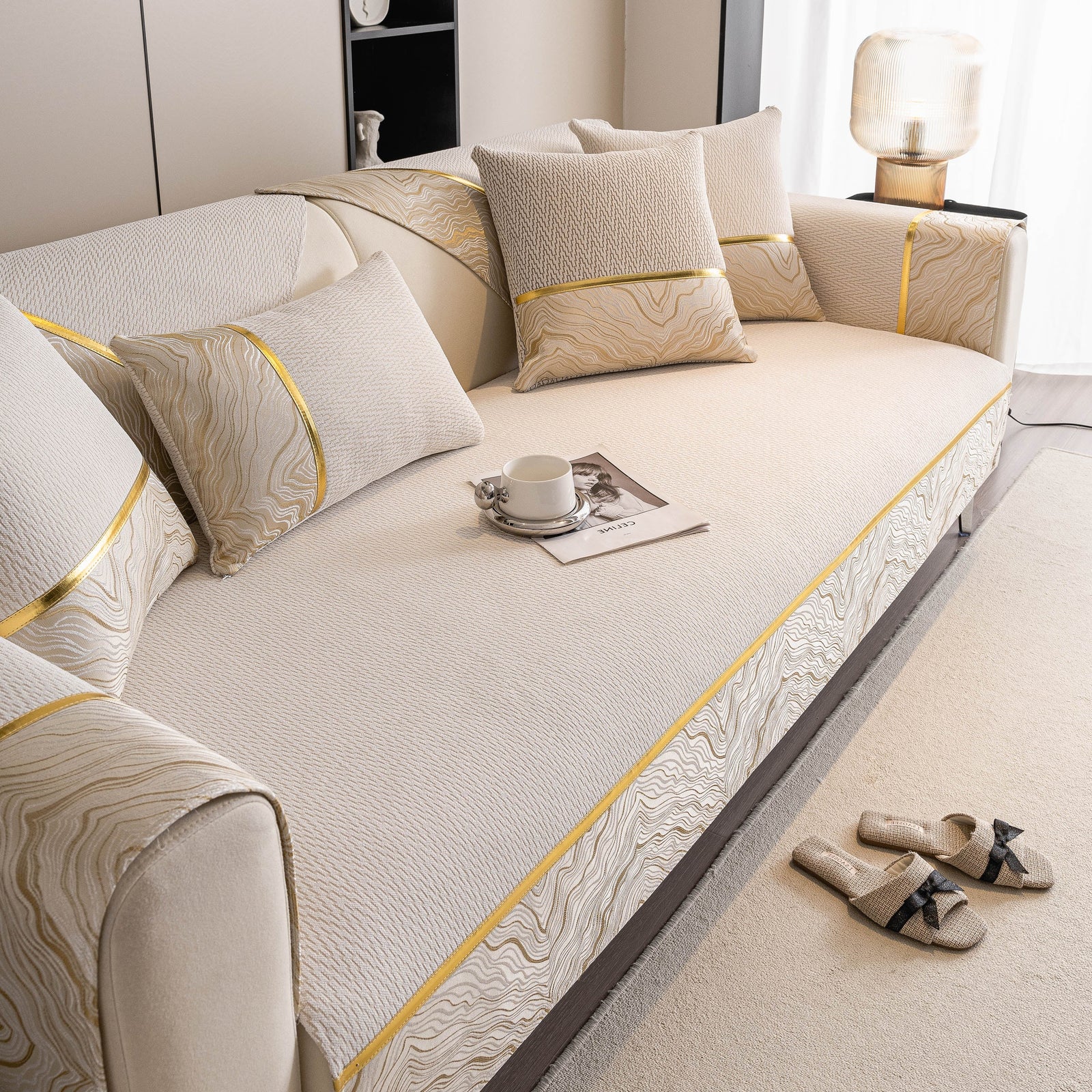 Non-Slip Couch Cover with Gold Trim, Sofa Slipcover for Sectional & Loveseat
