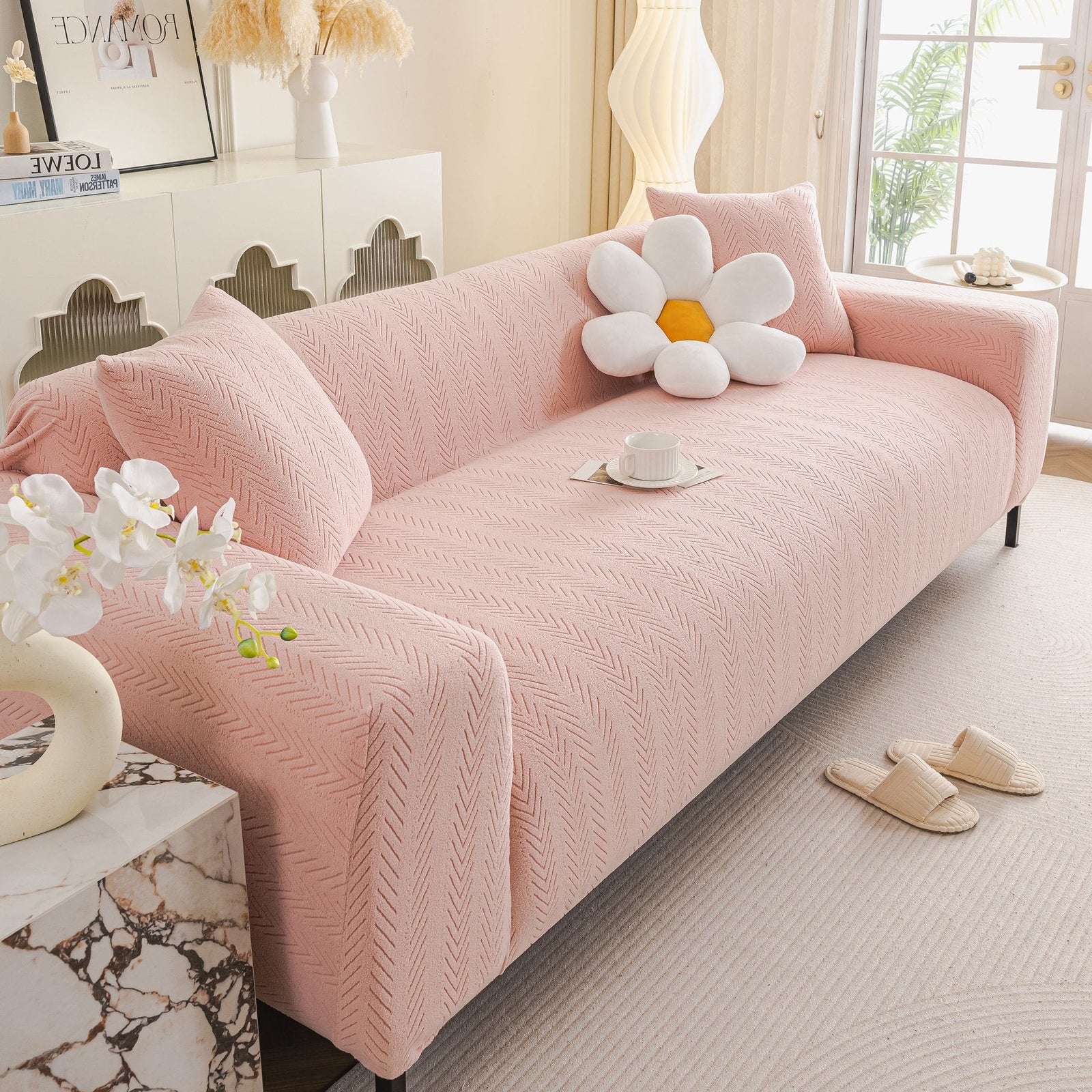 High Stretch Herringbone Textured Slipcover for Standard & L-Shaped Sectional Couches