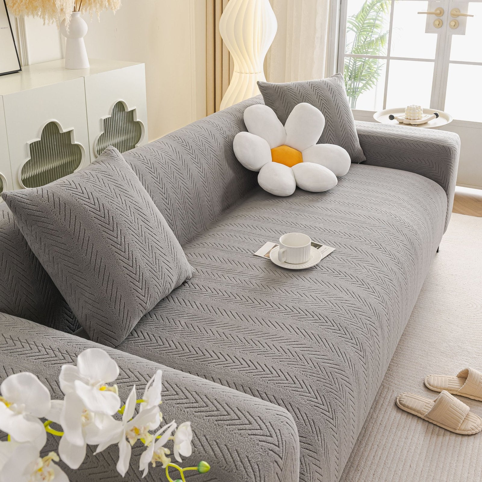 High Stretch Herringbone Textured Slipcover for Standard & L-Shaped Sectional Couches