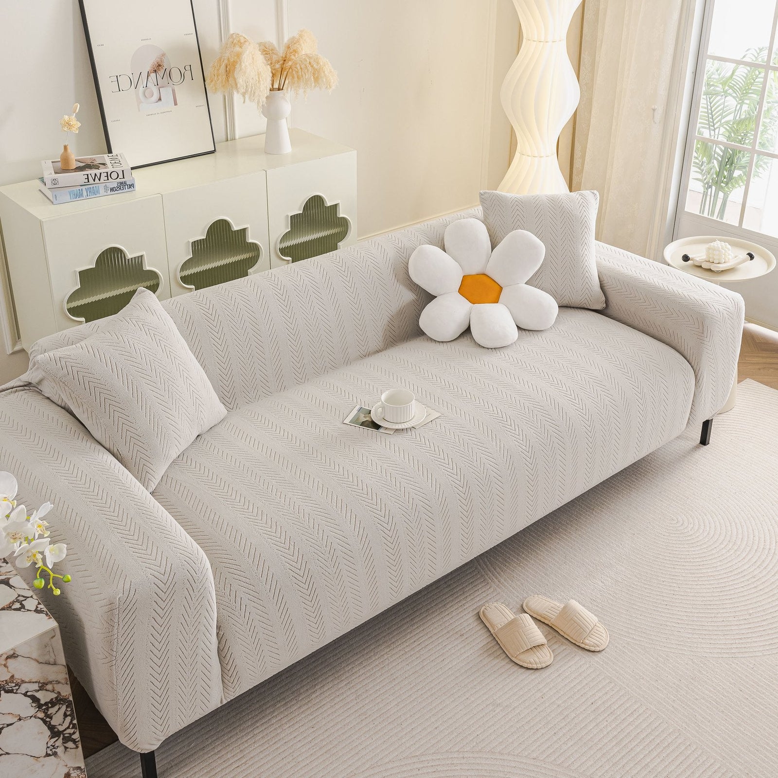 High Stretch Herringbone Textured Slipcover for Standard & L-Shaped Sectional Couches