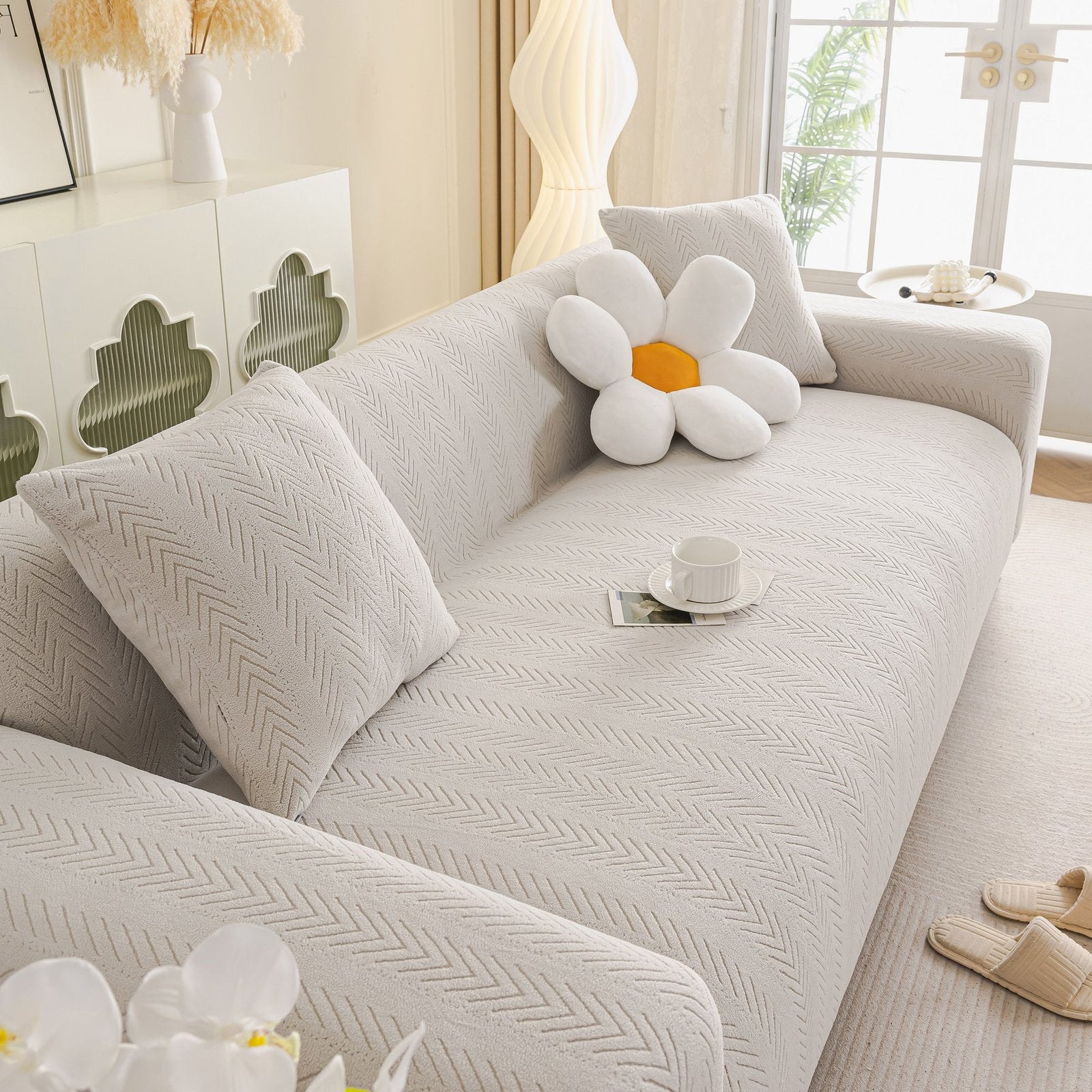 High Stretch Herringbone Textured Slipcover for Standard & L-Shaped Sectional Couches