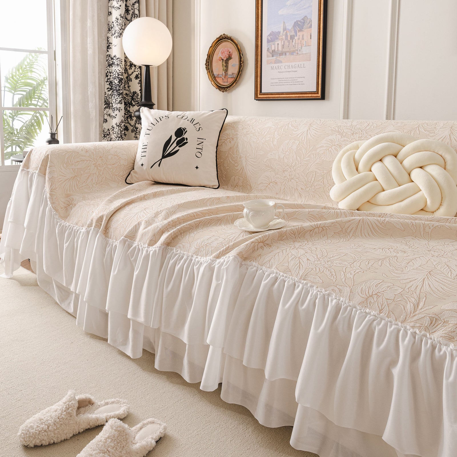 French Chic Style Ruffle Floral Cover Throws for Sofas, Decorative Couch Covers