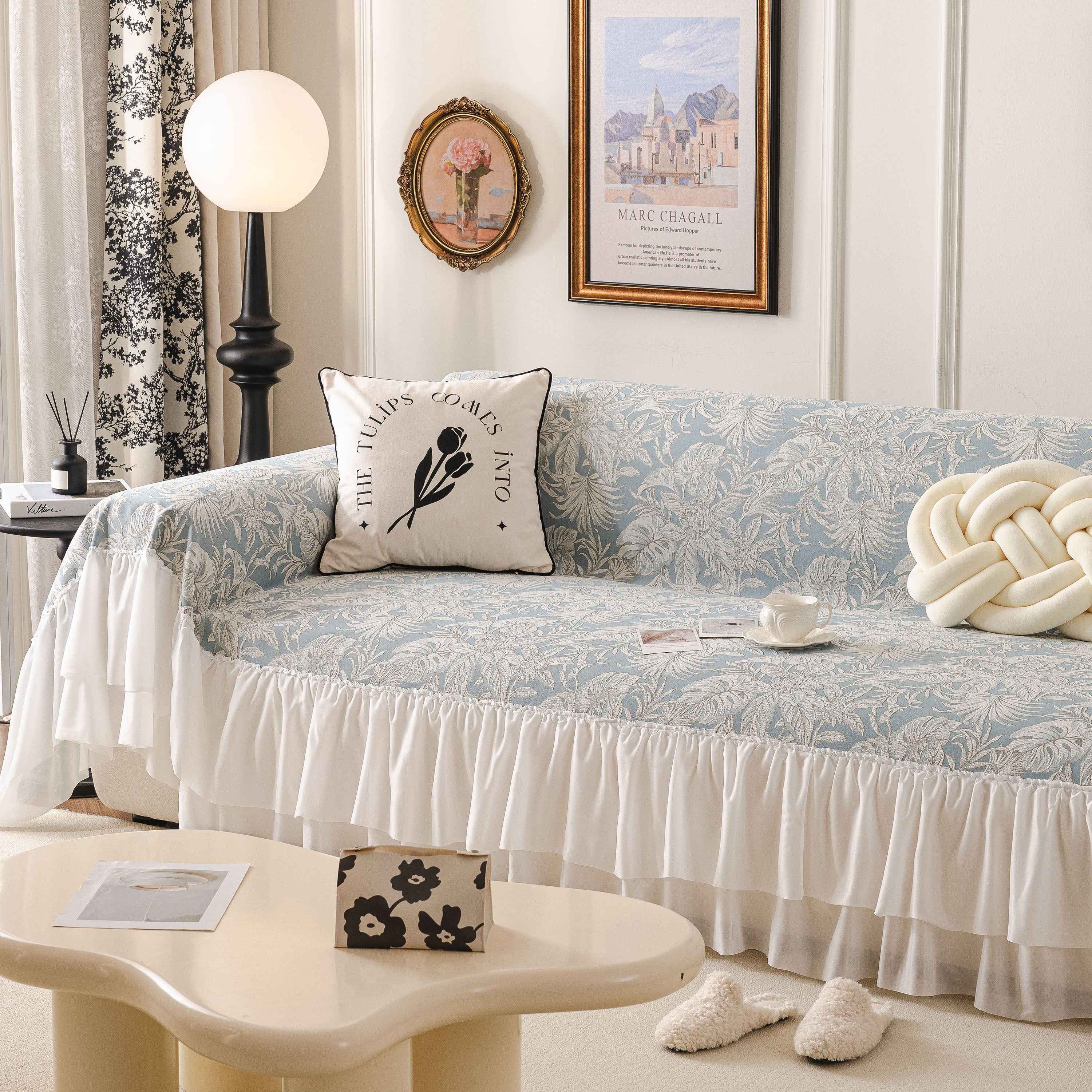 French Chic Style Ruffle Floral Cover Throws for Sofas, Decorative Couch Covers