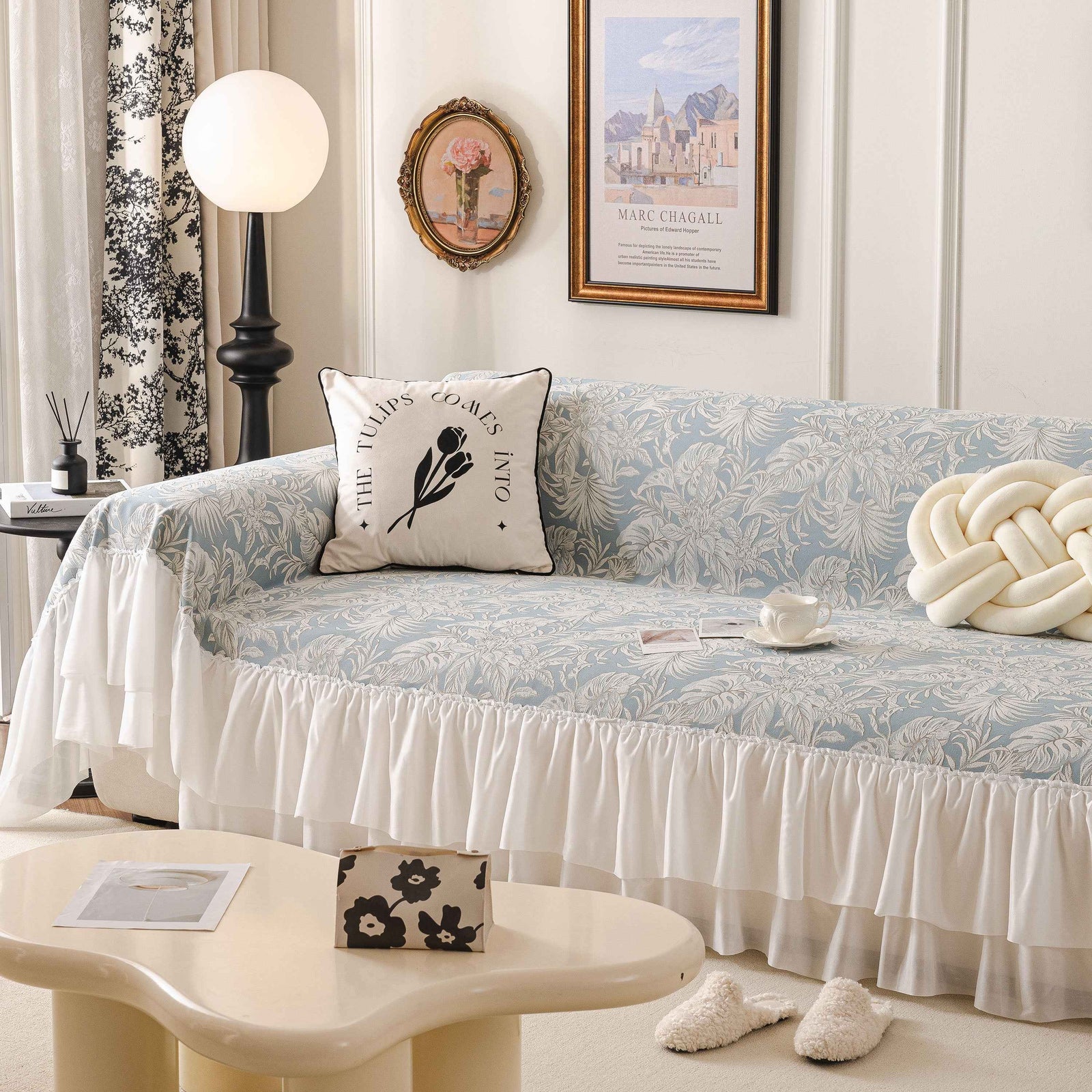 French Chic Style Ruffle Floral Cover Throws for Sofas, Decorative Couch Covers