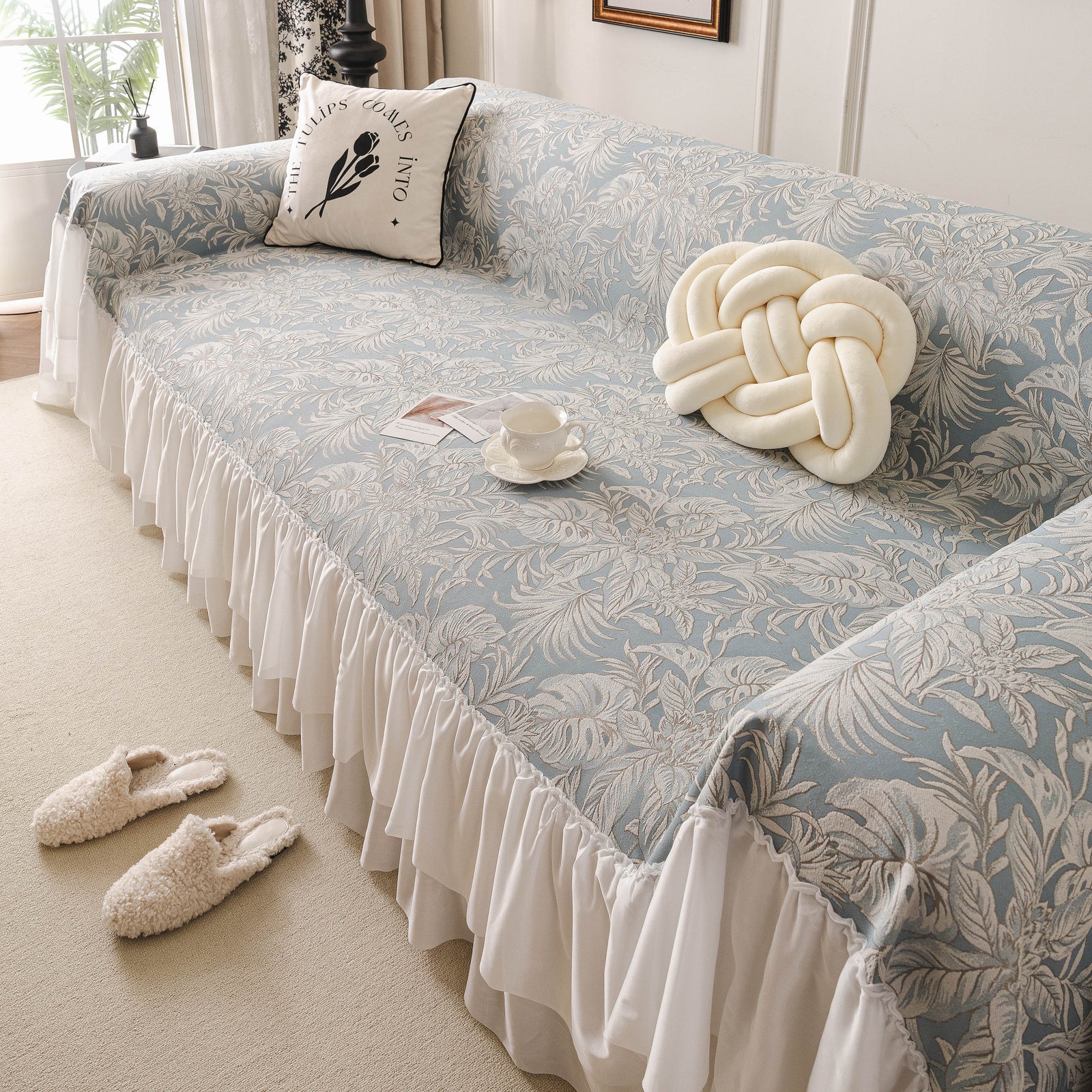 French Chic Style Ruffle Floral Cover Throws for Sofas, Decorative Couch Covers