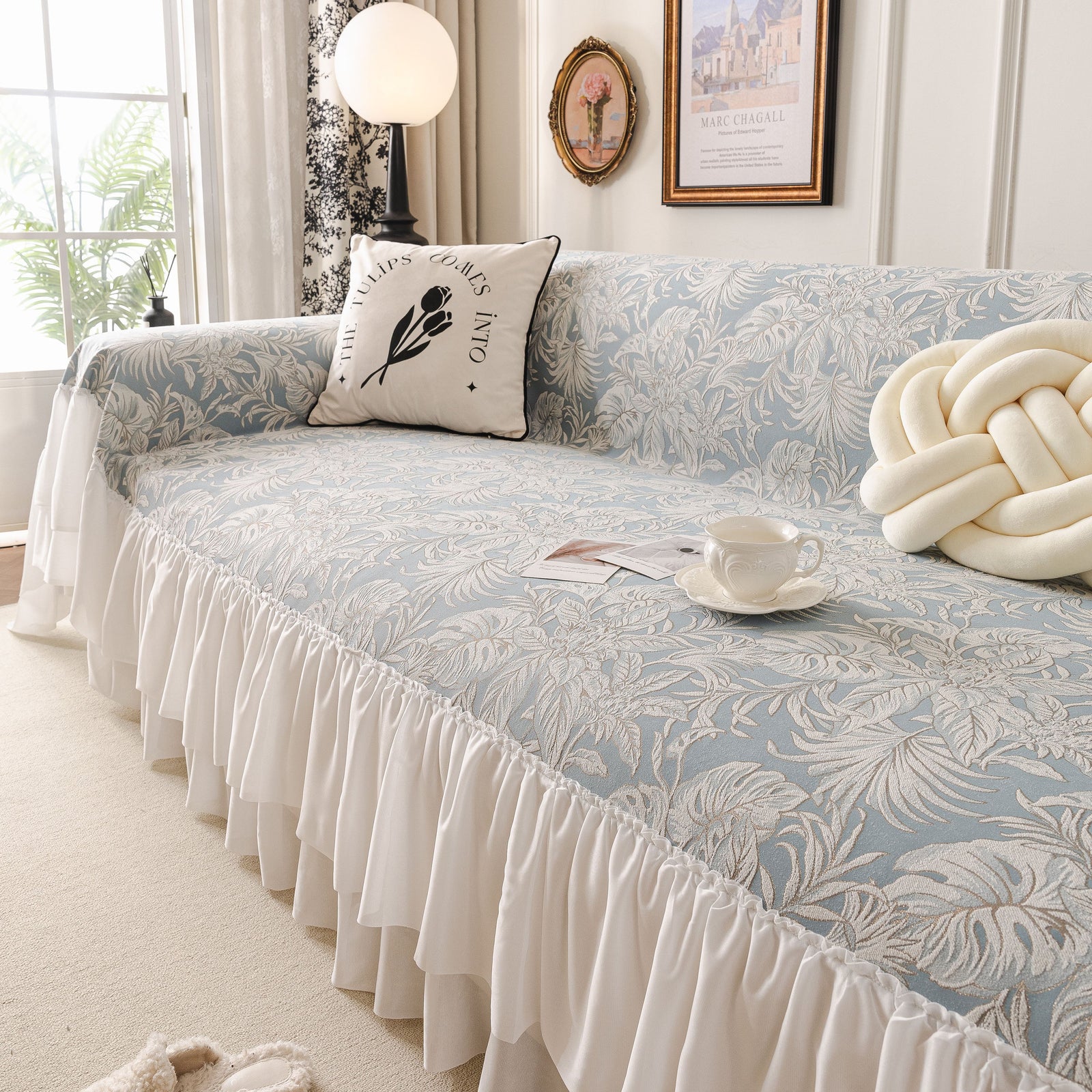 French Chic Style Ruffle Floral Cover Throws for Sofas, Decorative Couch Covers