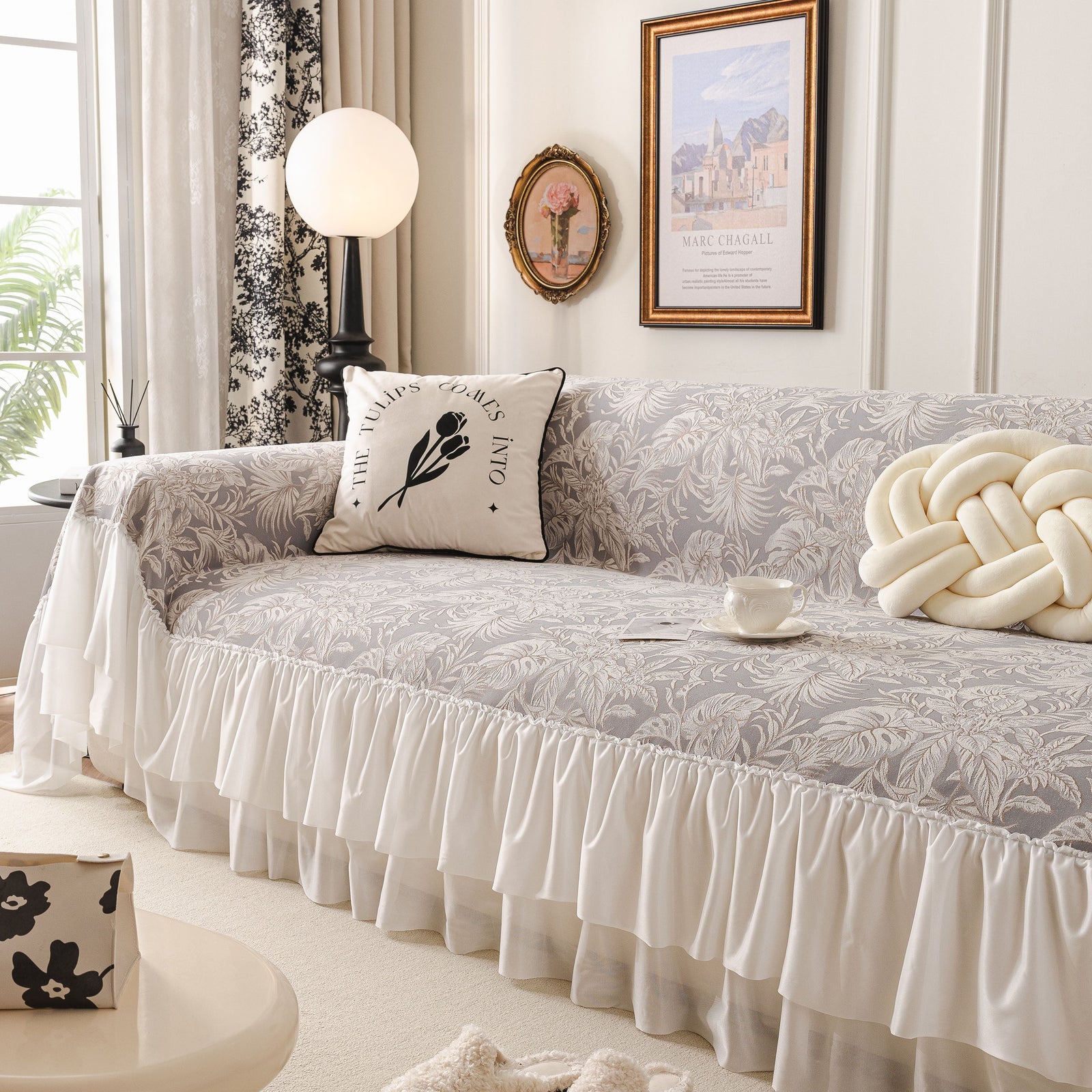 French Chic Style Ruffle Floral Cover Throws for Sofas, Decorative Couch Covers