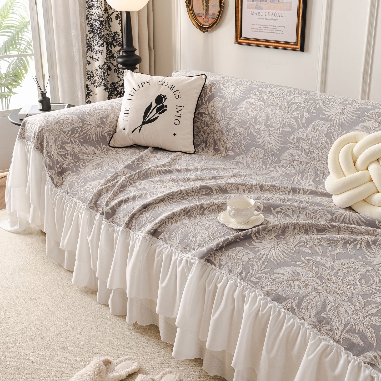 French Chic Style Ruffle Floral Cover Throws for Sofas, Decorative Couch Covers