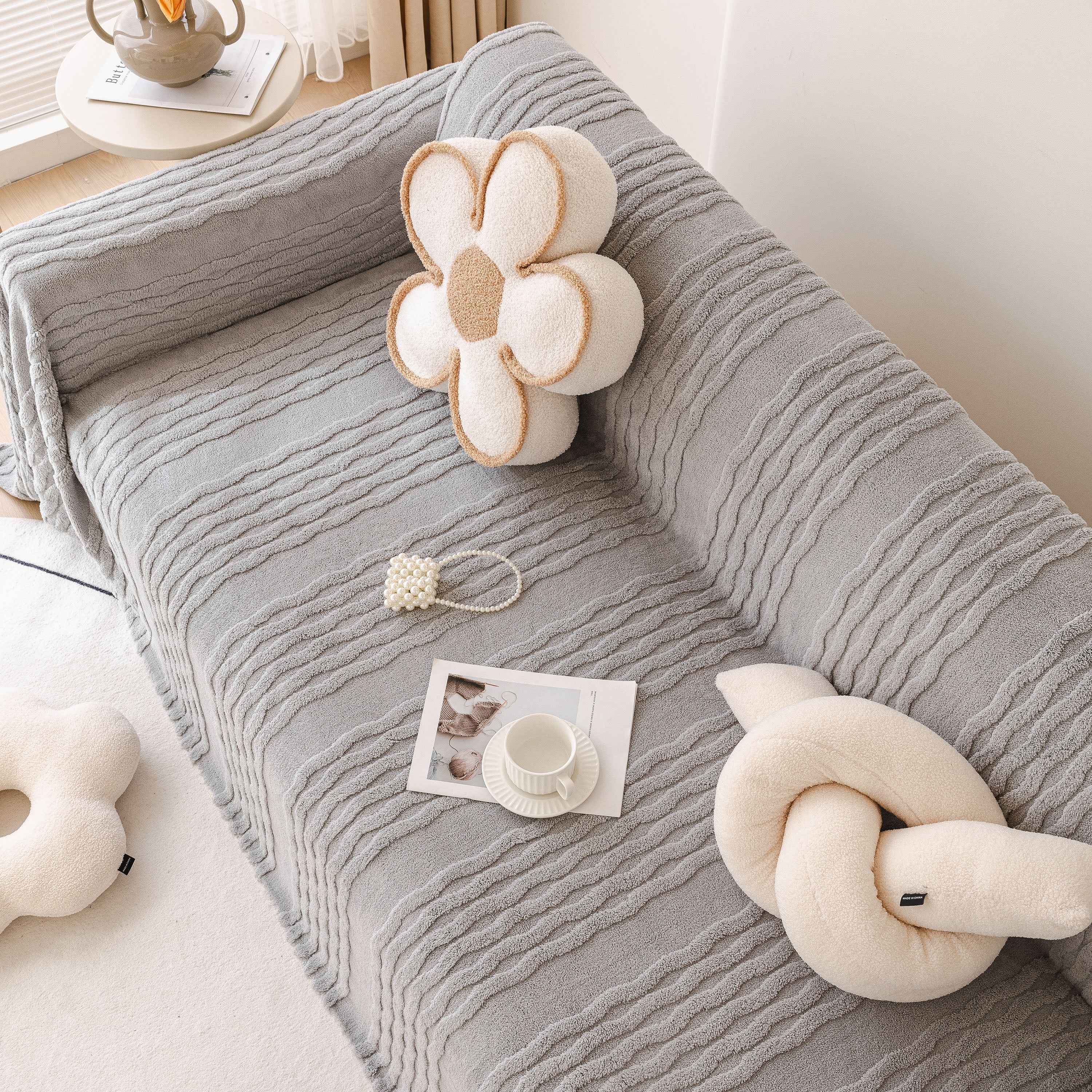 Modern 3D Water Ripple Sofa Cover, Non-Shedding Cream Style Furniture Protector Throw