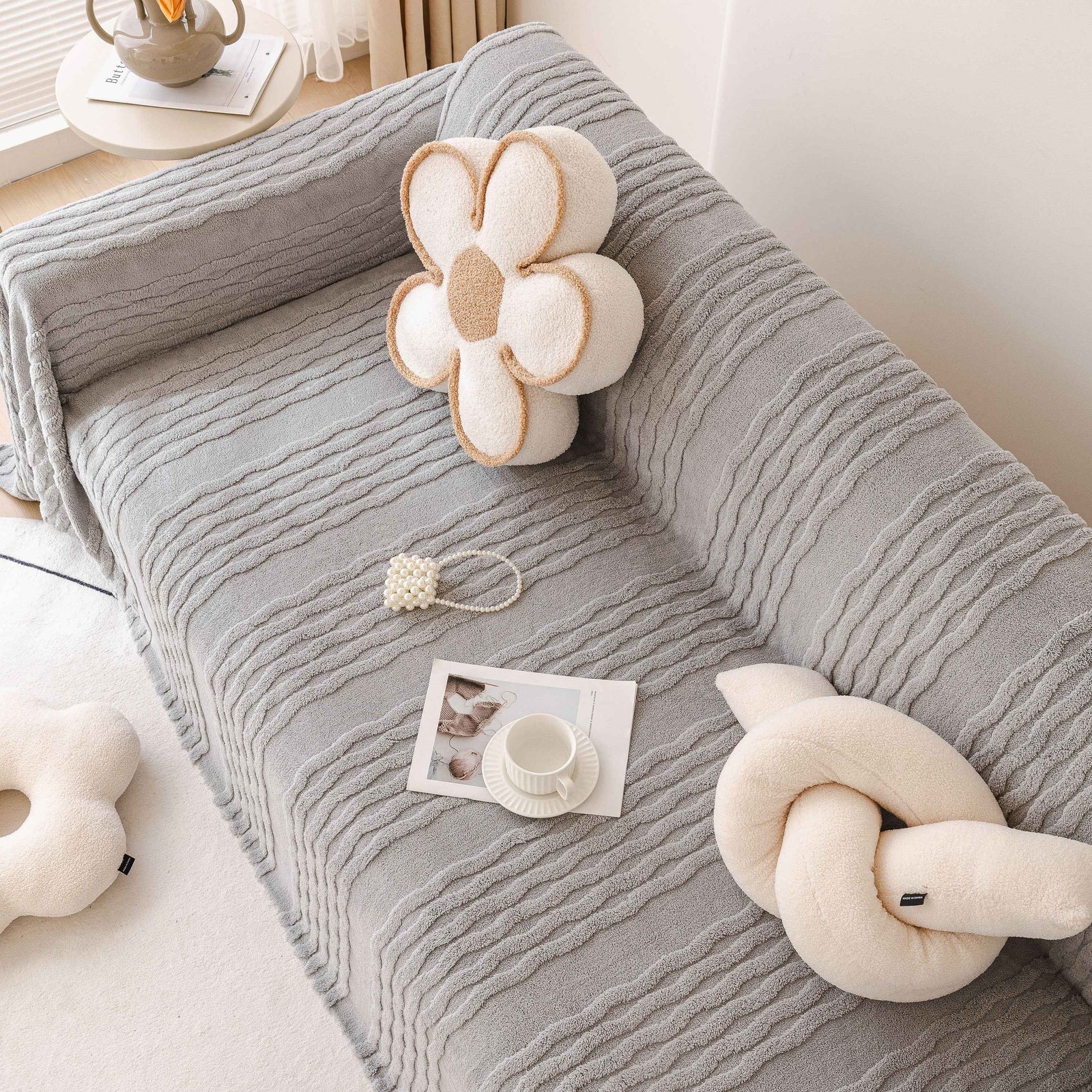 Modern 3D Water Ripple Sofa Cover, Non-Shedding Cream Style Furniture Protector Throw