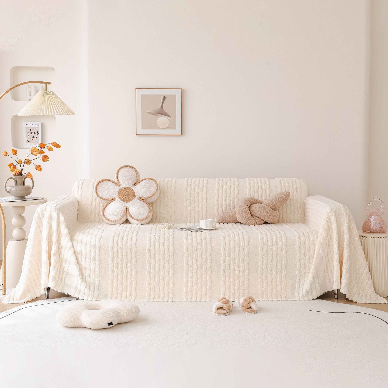 Modern 3D Water Ripple Sofa Cover, Non-Shedding Cream Style Furniture Protector Throw