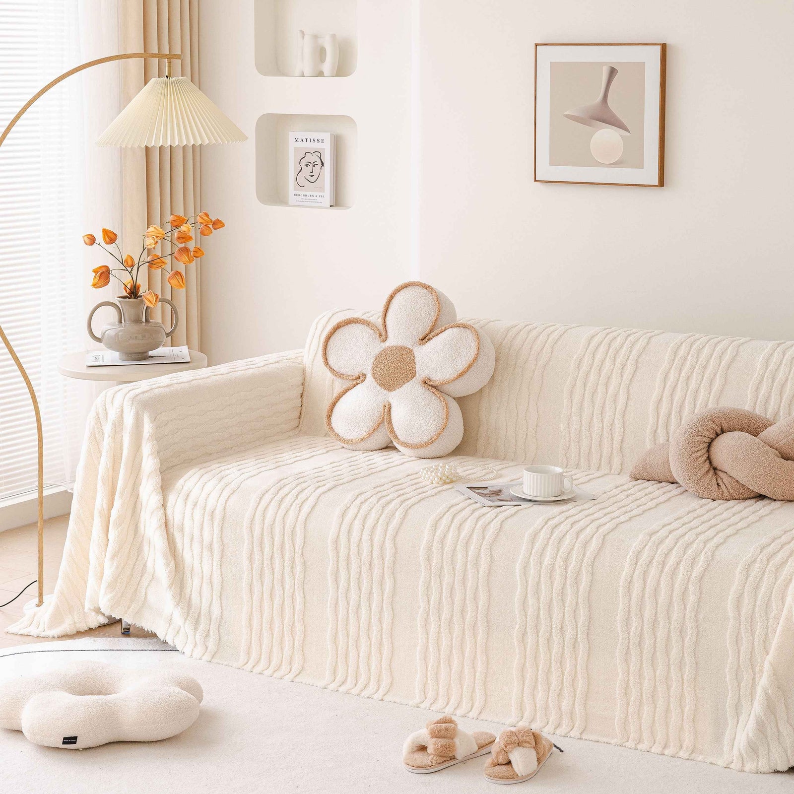 Modern 3D Water Ripple Sofa Cover, Non-Shedding Cream Style Furniture Protector Throw