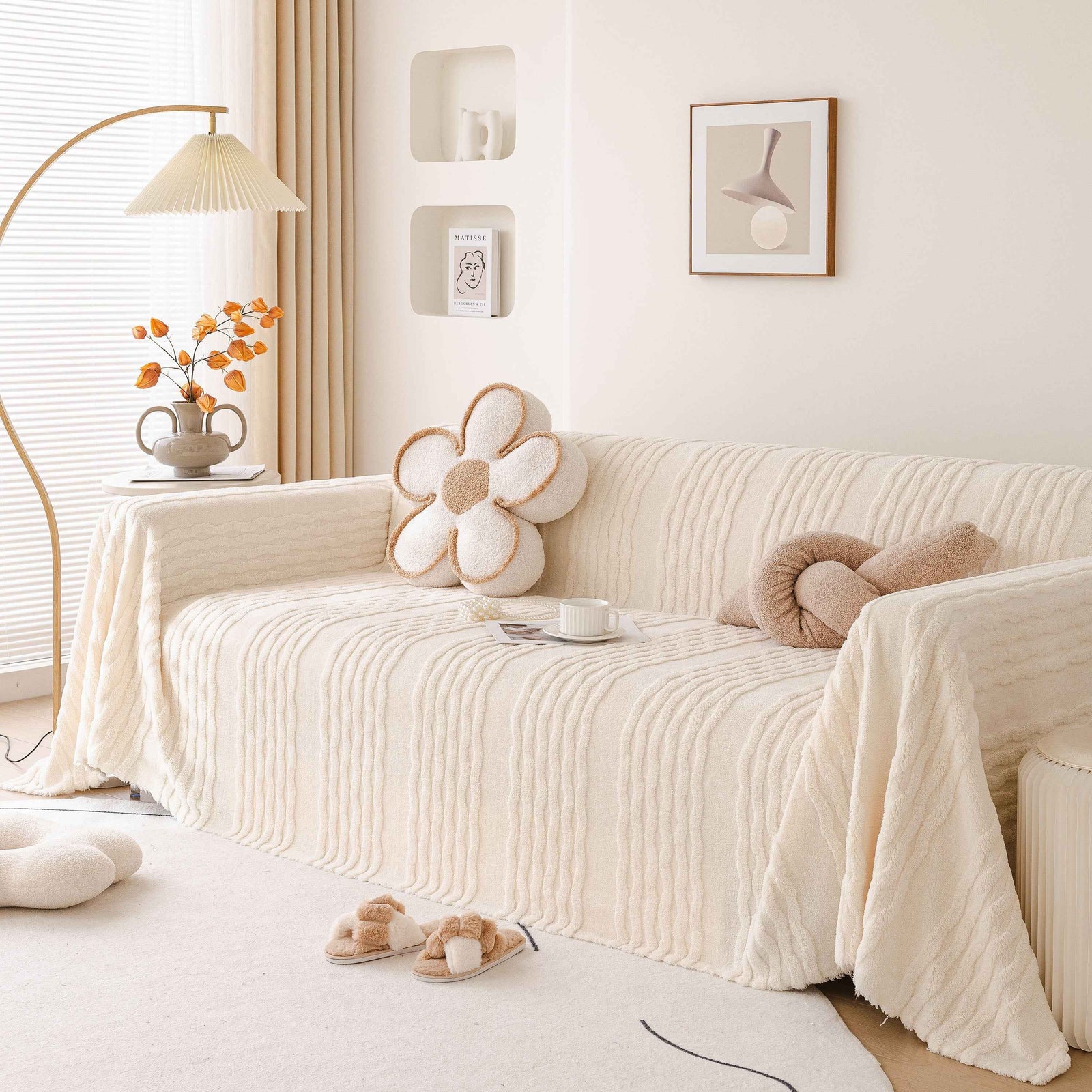 Modern 3D Water Ripple Sofa Cover, Non-Shedding Cream Style Furniture Protector Throw