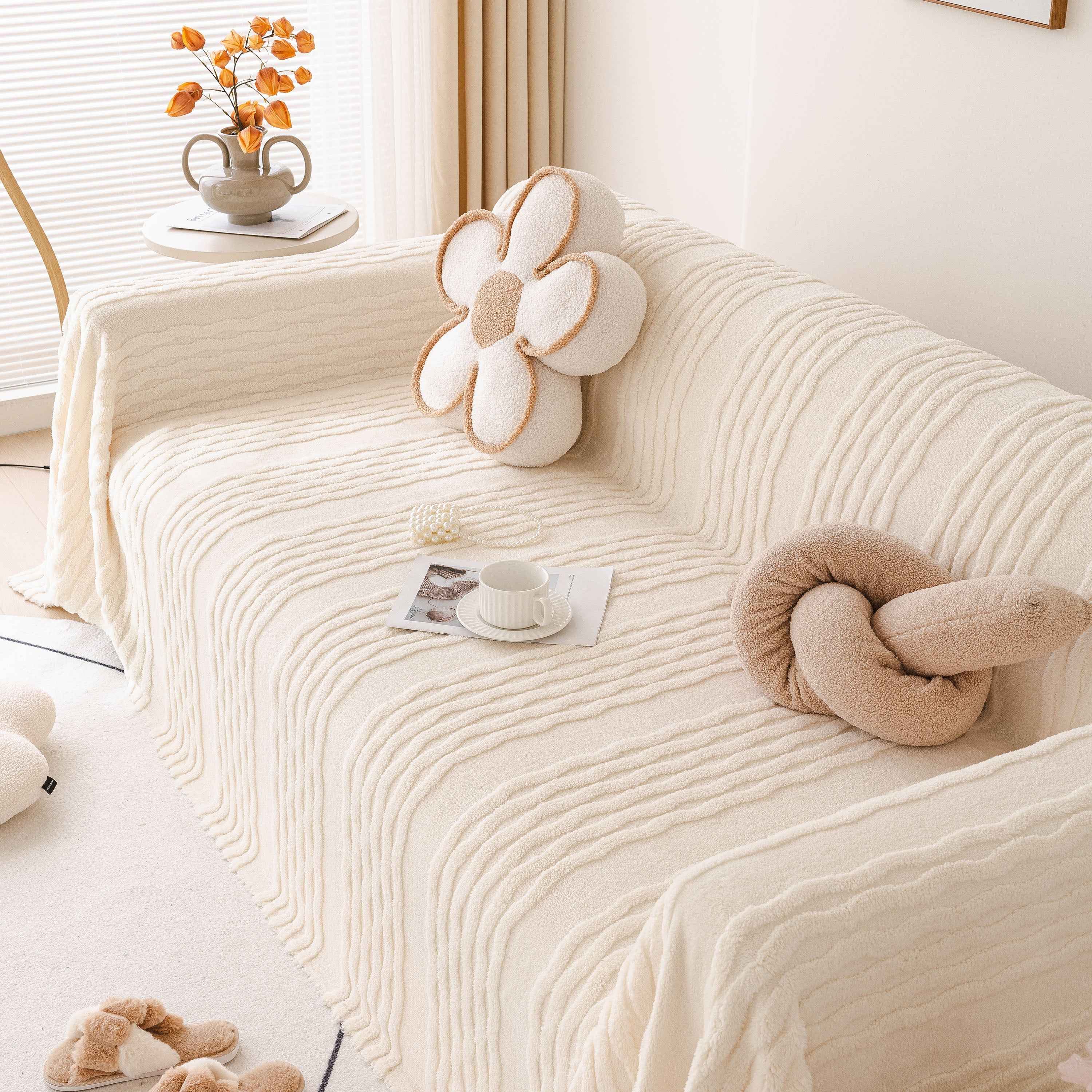 Modern 3D Water Ripple Sofa Cover, Non-Shedding Cream Style Furniture Protector Throw