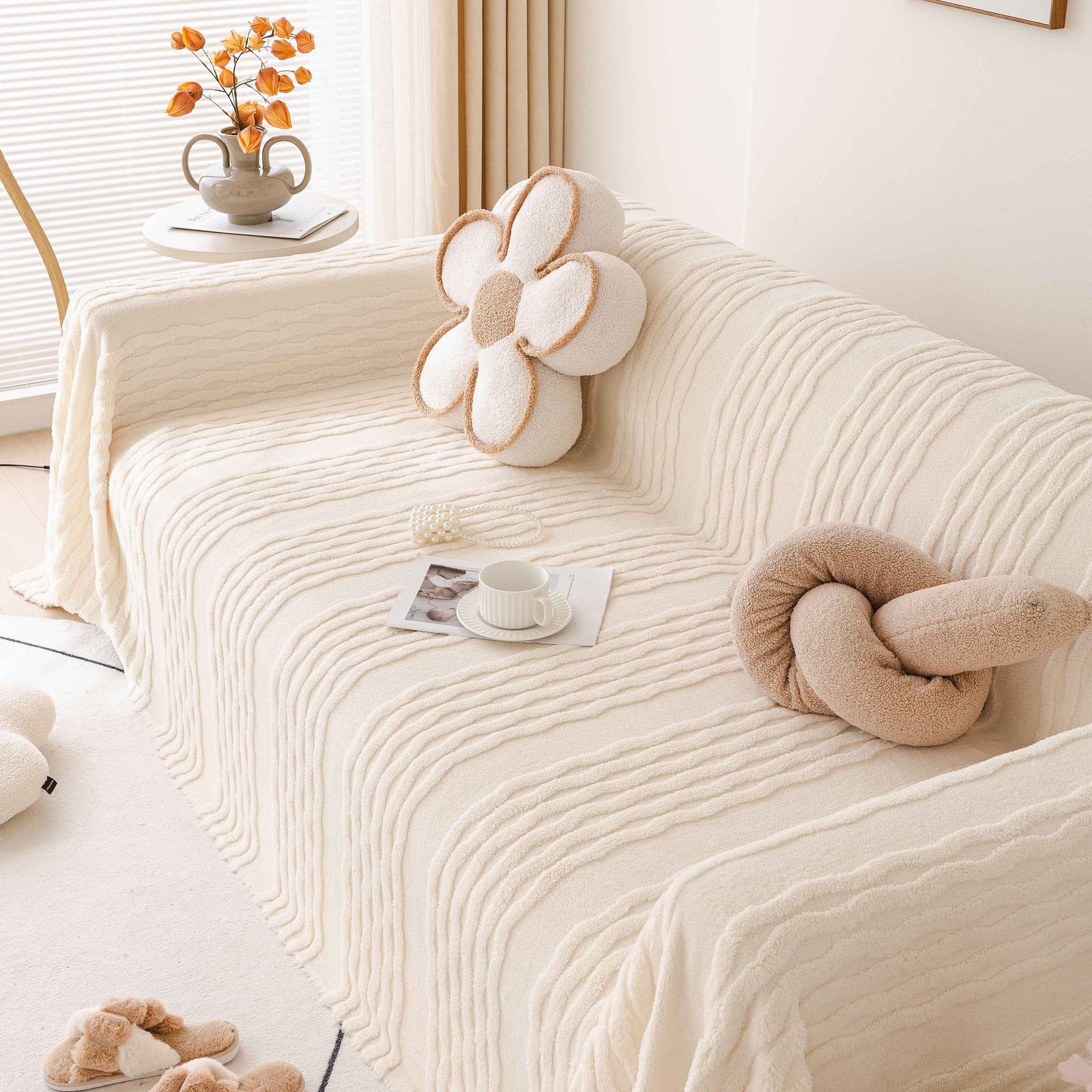 Modern 3D Water Ripple Sofa Cover, Non-Shedding Cream Style Furniture Protector Throw