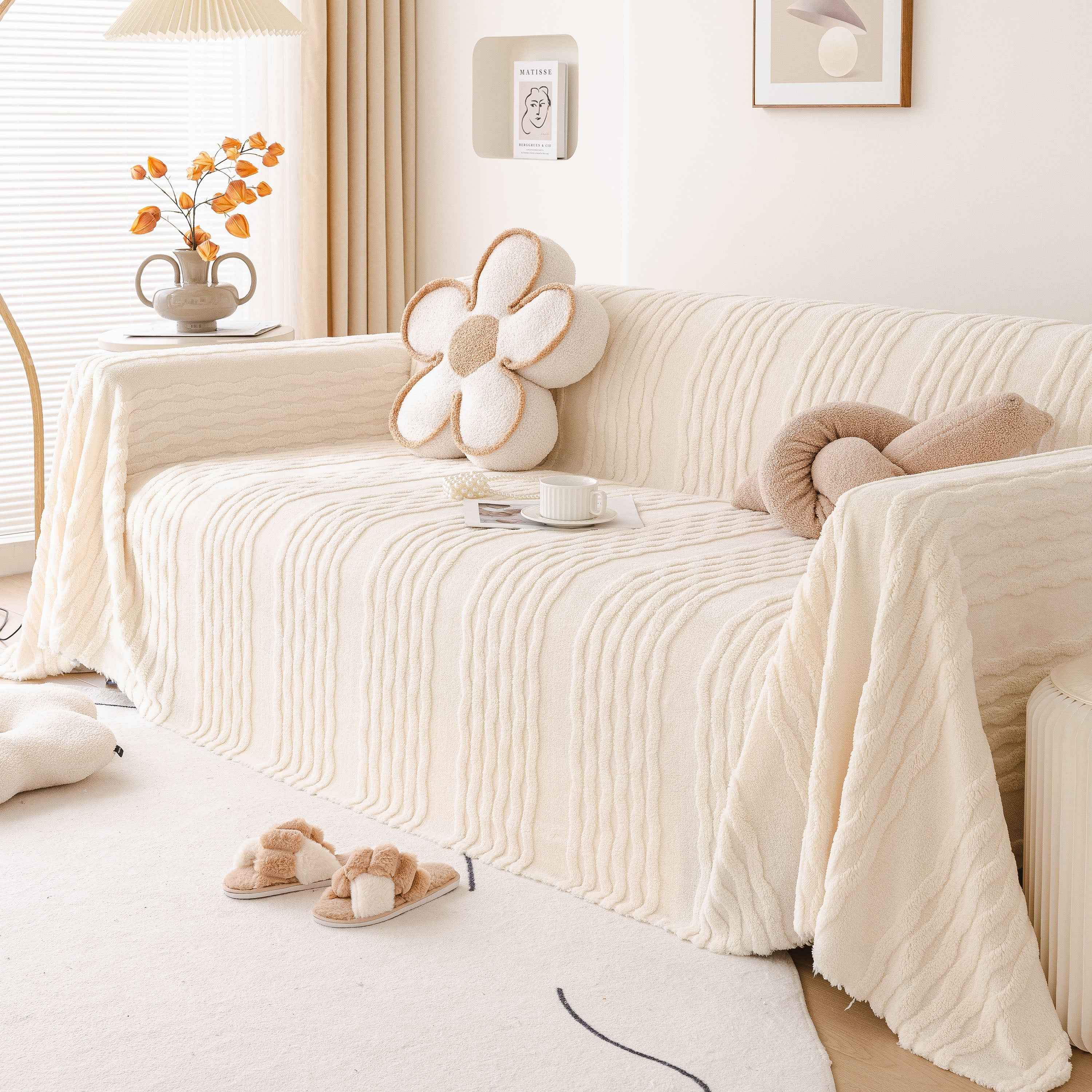 Modern 3D Water Ripple Sofa Cover, Non-Shedding Cream Style Furniture Protector Throw
