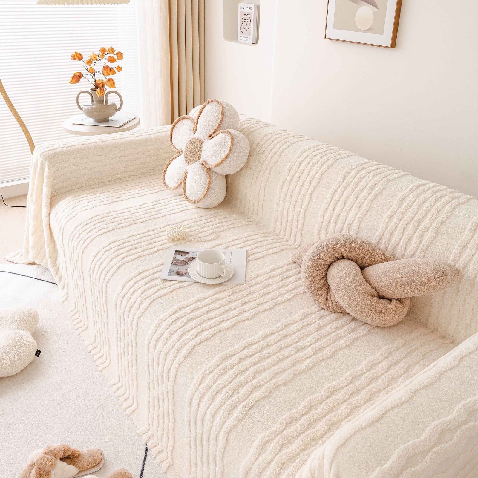 Modern 3D Water Ripple Sofa Cover, Non-Shedding Cream Style Furniture Protector Throw