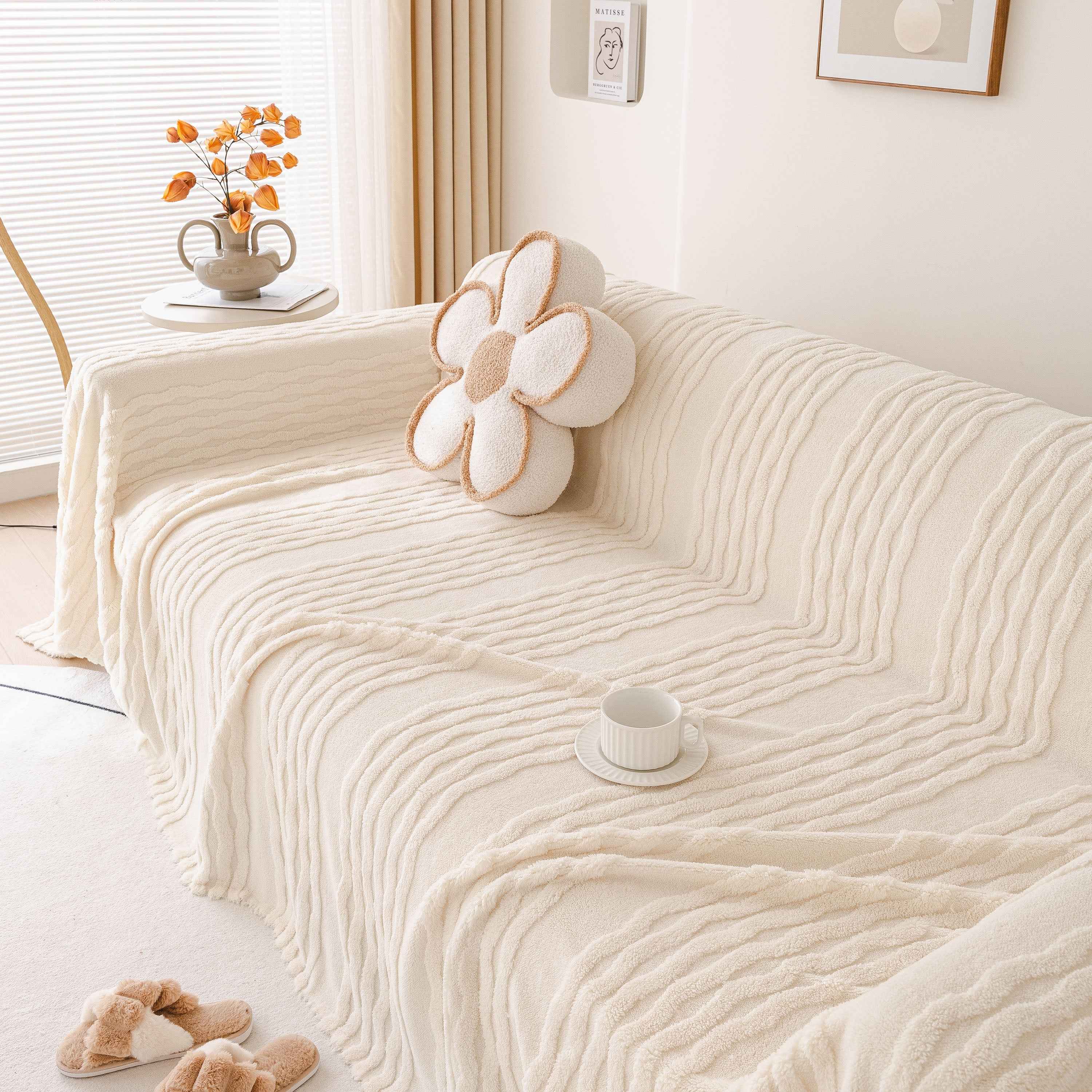 Modern 3D Water Ripple Sofa Cover, Non-Shedding Cream Style Furniture Protector Throw
