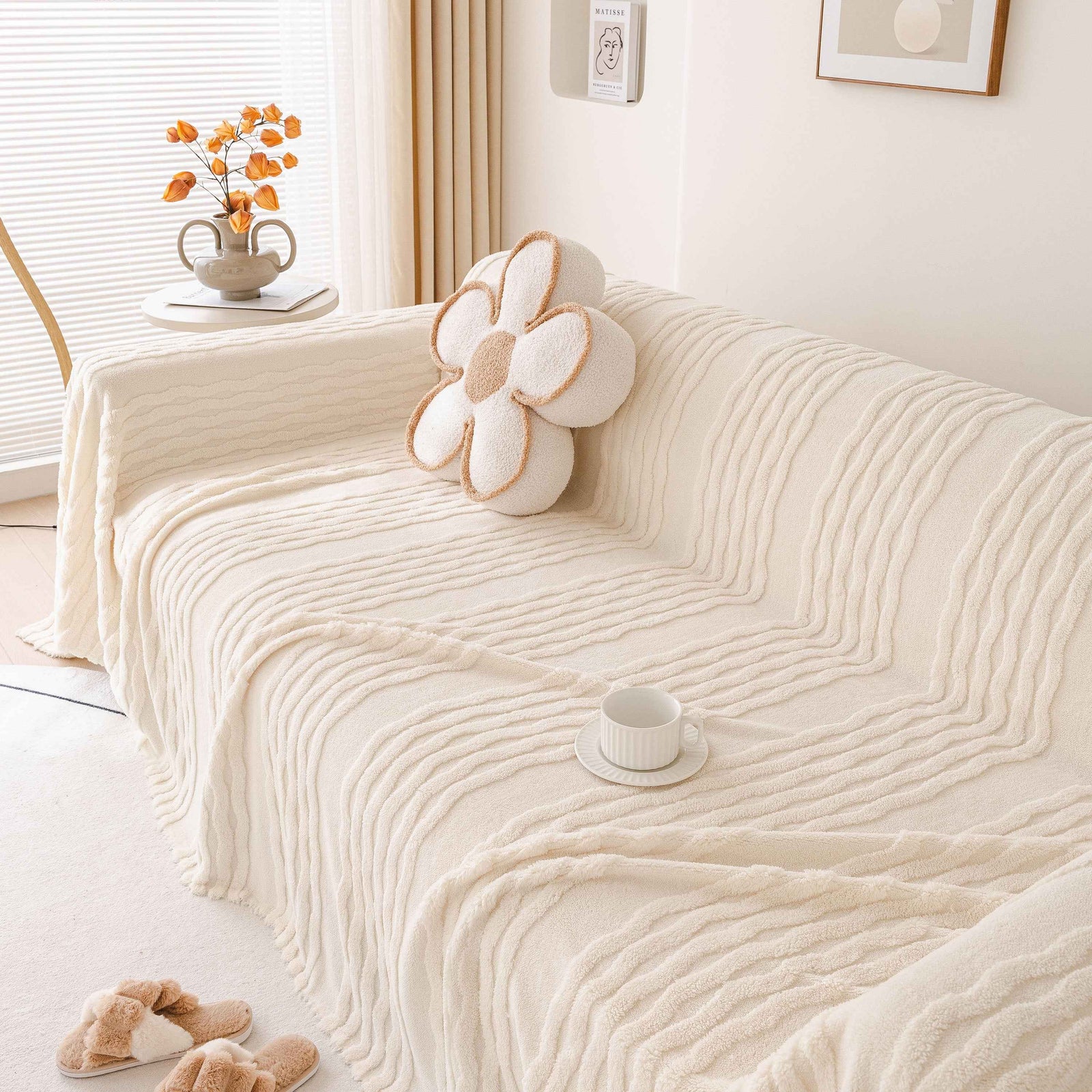 Modern 3D Water Ripple Sofa Cover, Non-Shedding Cream Style Furniture Protector Throw