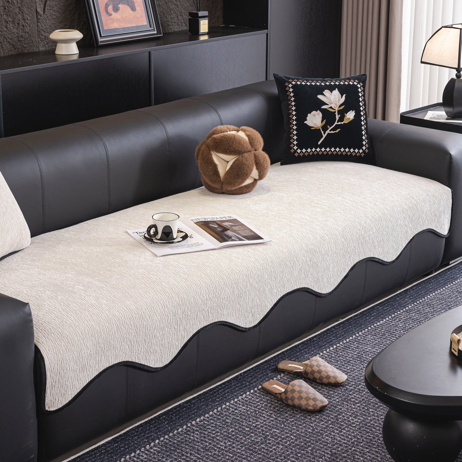 Chenille Couch Cover with Scalloped Edge, Non-Slip Modular Slipcover Sectional
