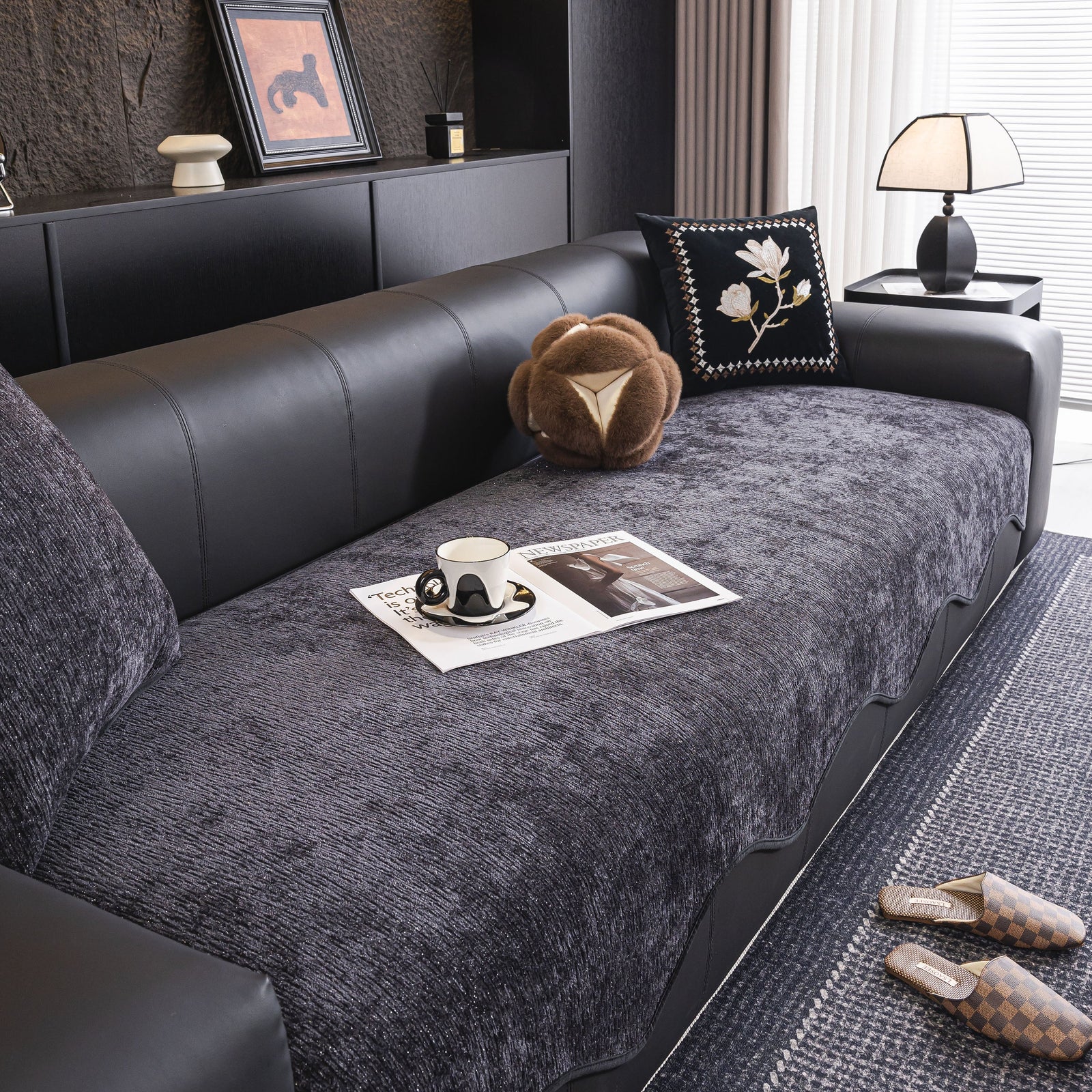 Chenille Couch Cover with Scalloped Edge, Non-Slip Modular Slipcover Sectional