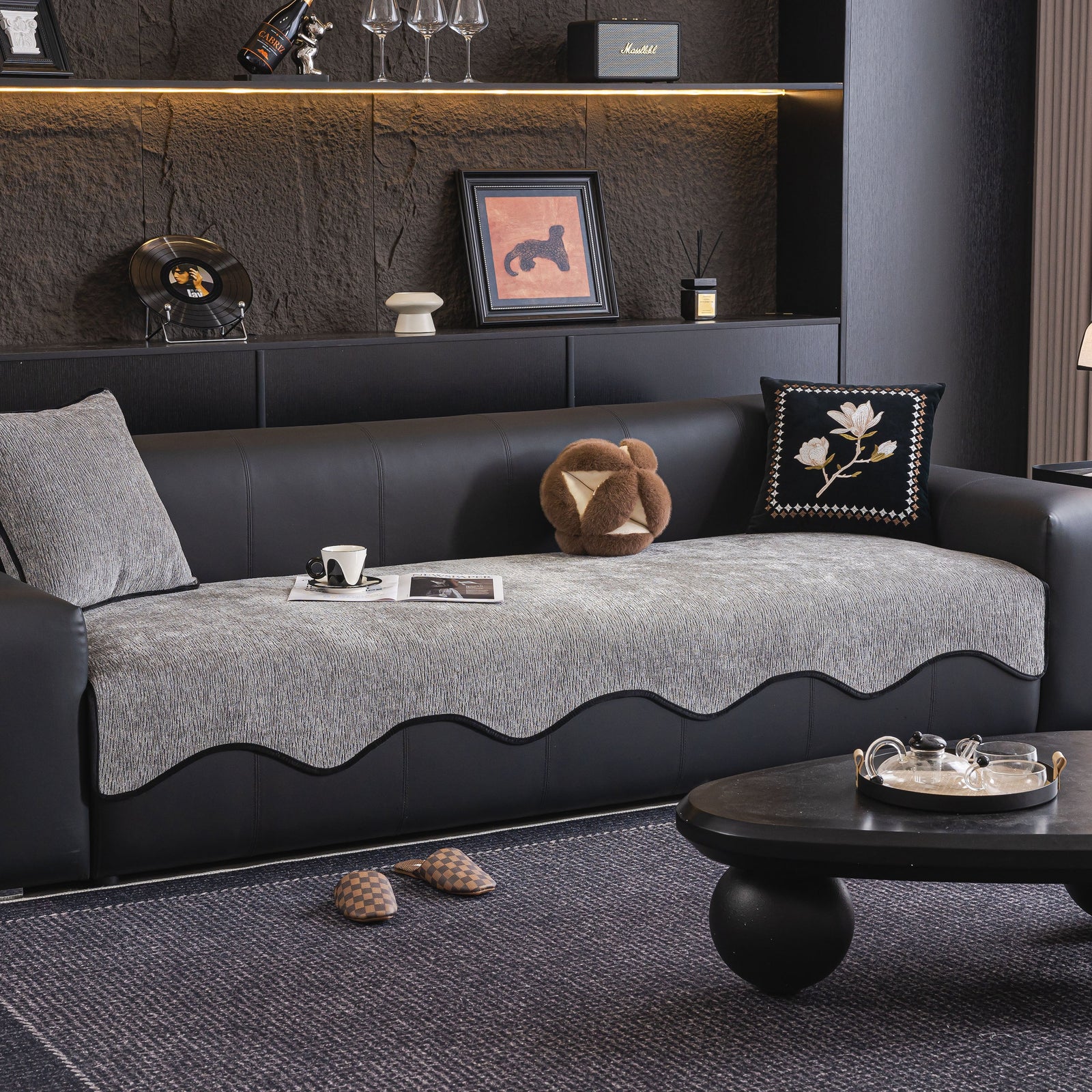Chenille Couch Cover with Scalloped Edge, Non-Slip Modular Slipcover Sectional