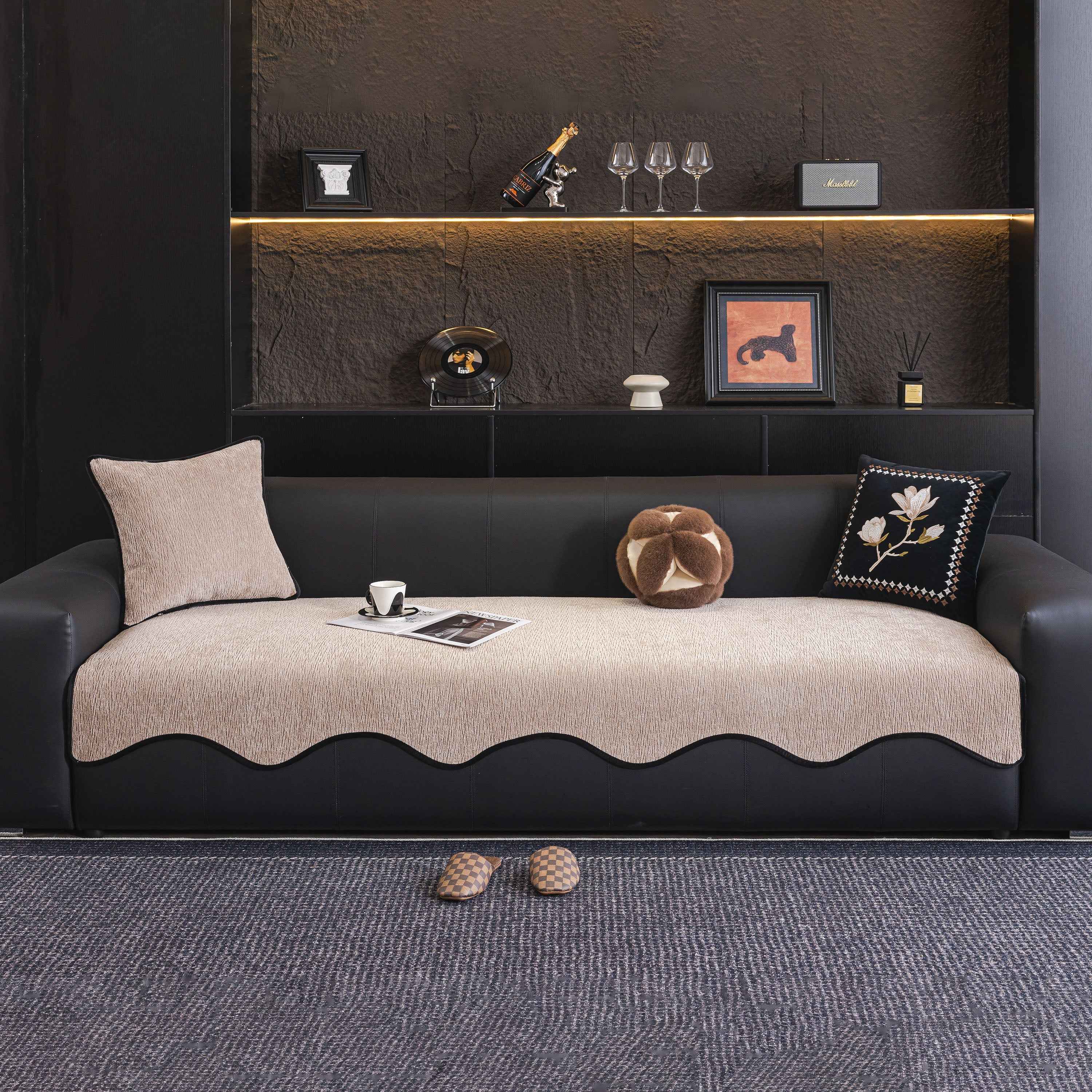Chenille Couch Cover with Scalloped Edge, Non-Slip Modular Slipcover Sectional