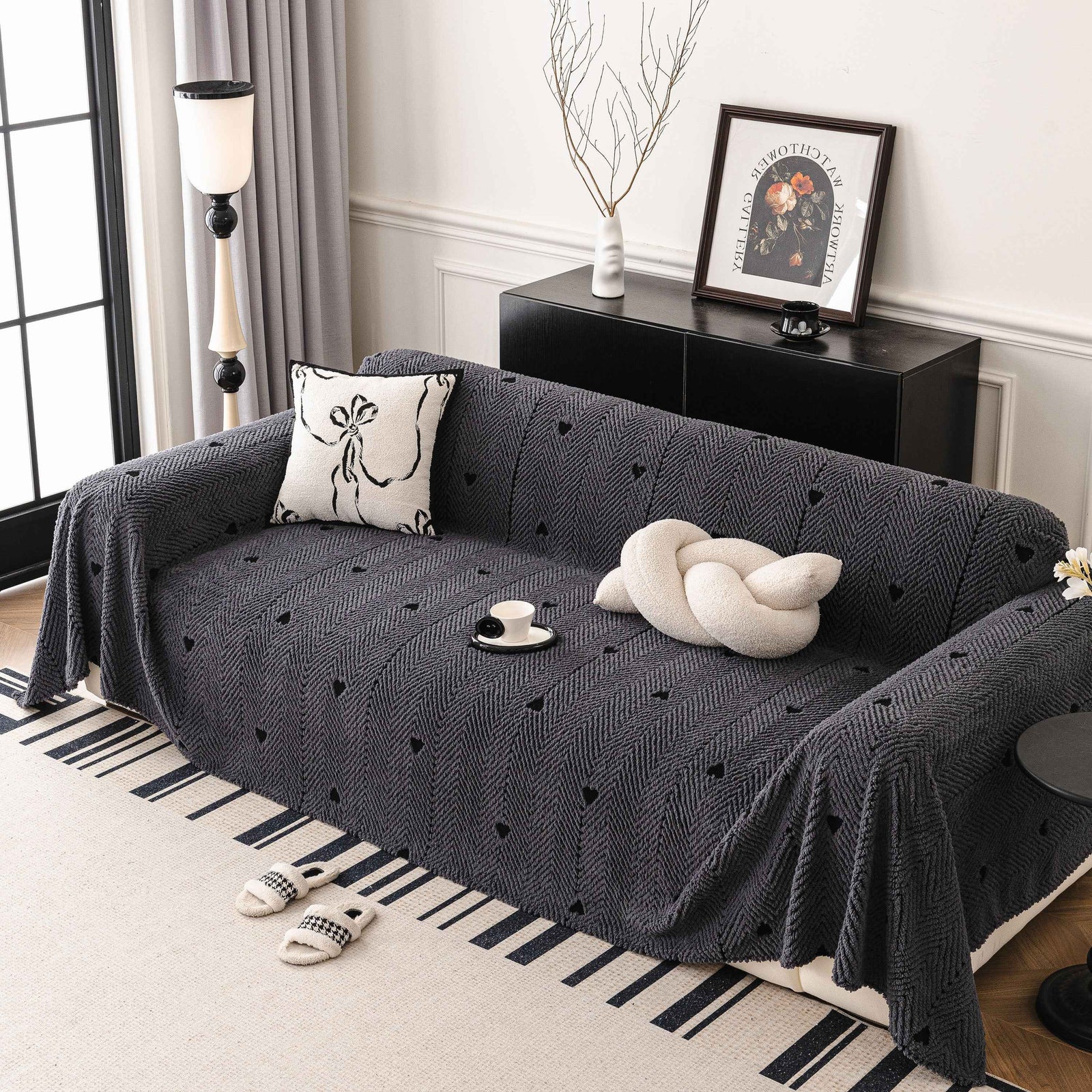 Thick Plush Sofa Cover Throw for Couch, 3D Textured Herringbone Washable Slipcover
