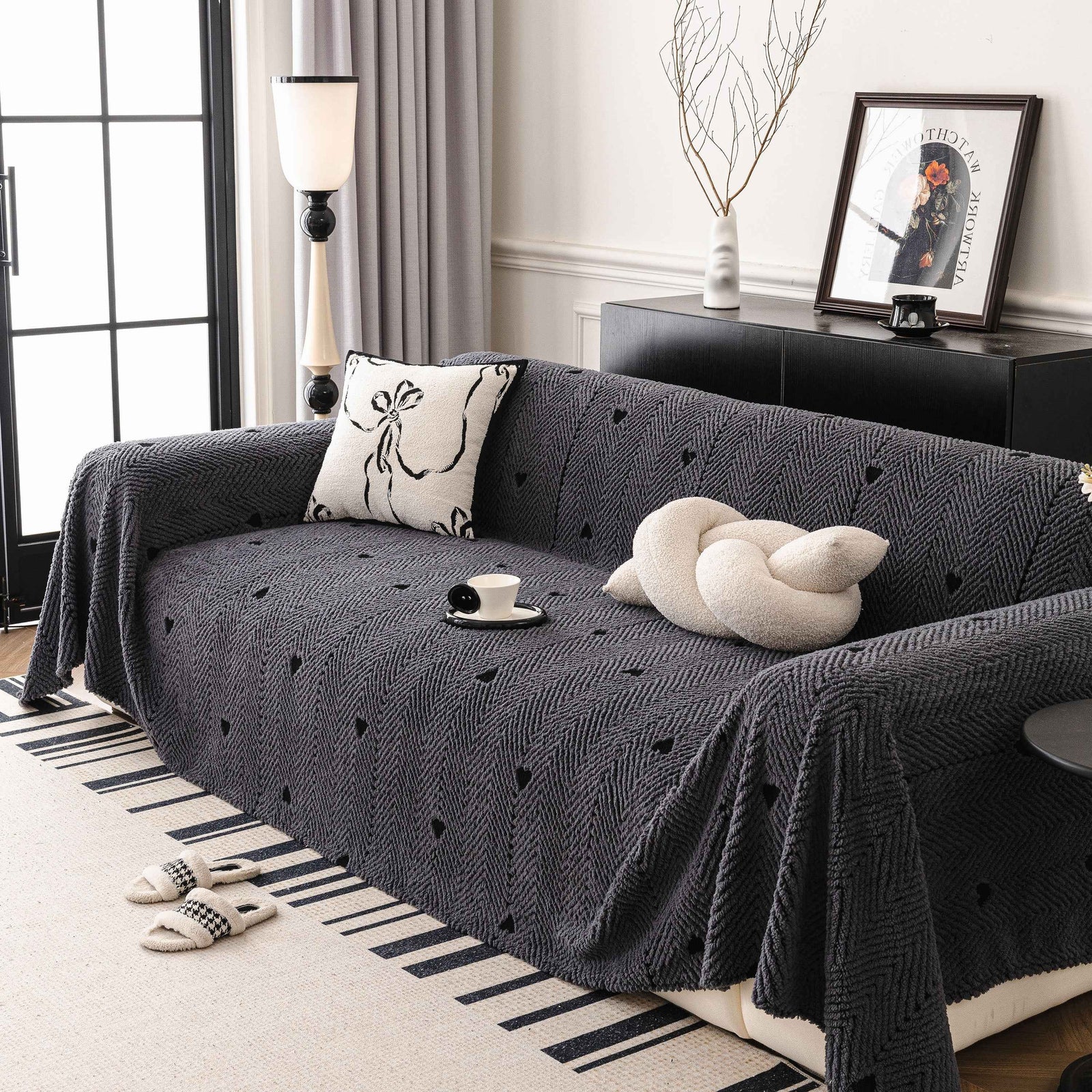 Thick Plush Sofa Cover Throw for Couch, 3D Textured Herringbone Washable Slipcover