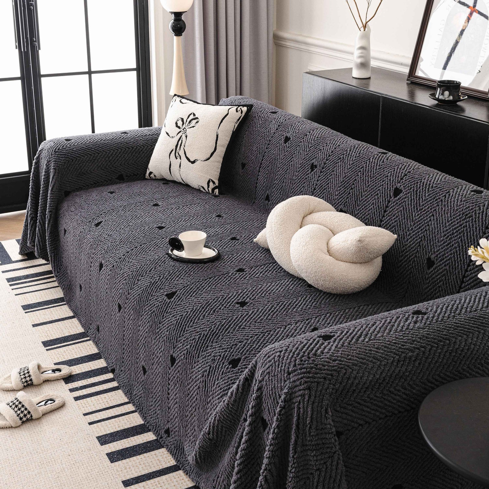 Thick Plush Sofa Cover Throw for Couch, 3D Textured Herringbone Washable Slipcover
