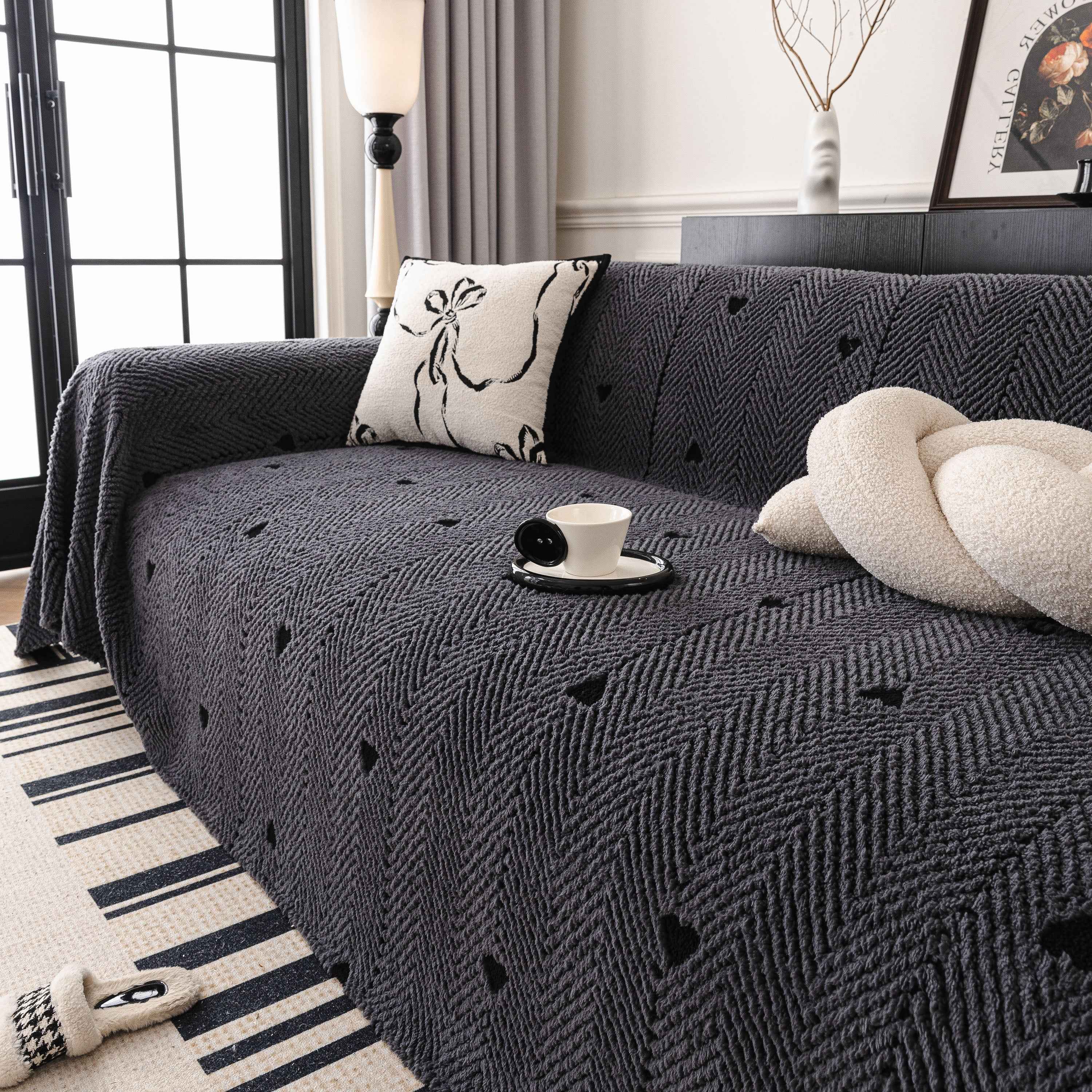 Thick Plush Sofa Cover Throw for Couch, 3D Textured Herringbone Washable Slipcover